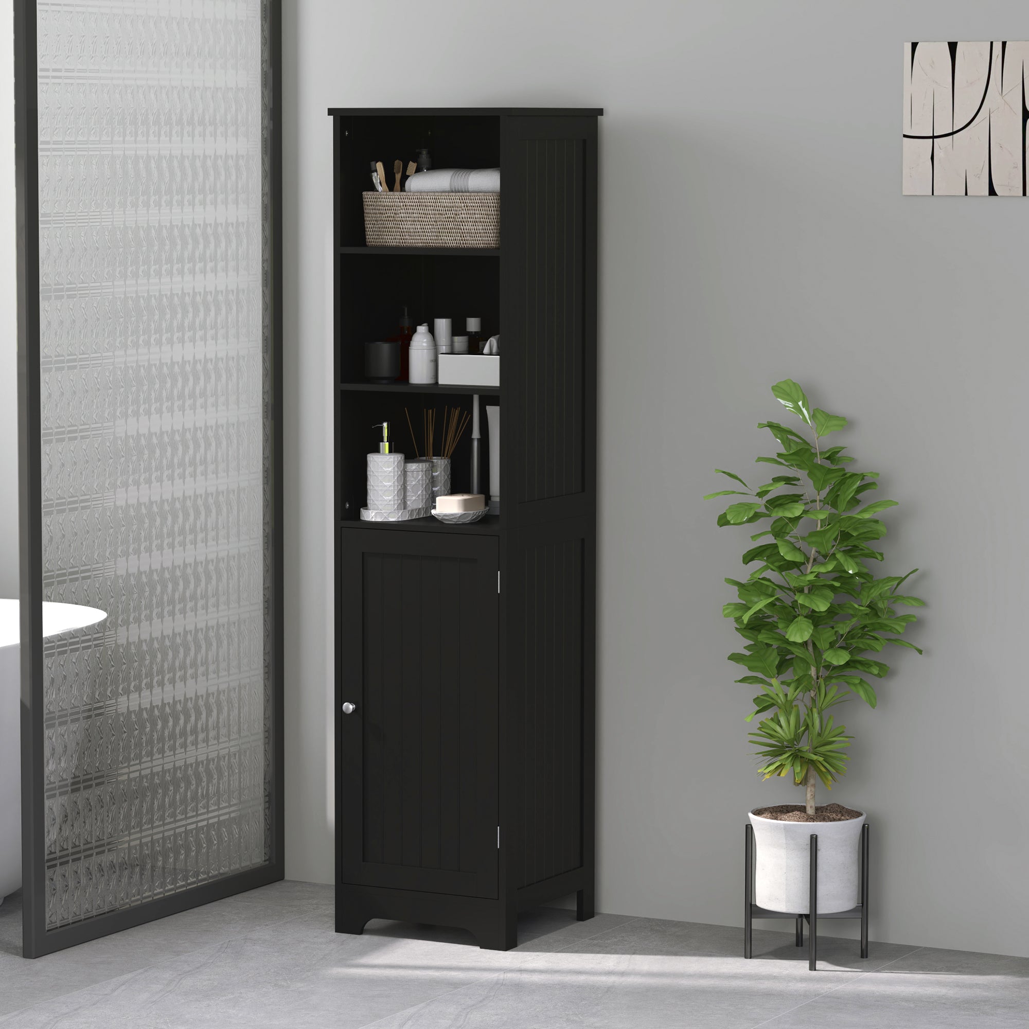 kleankin Narrow Bathroom Cabinet, Tall Bathroom Storage Cabinet, Freestanding Linen Cabinet with Adjustable Shelf, 3 Open Shelves, Black