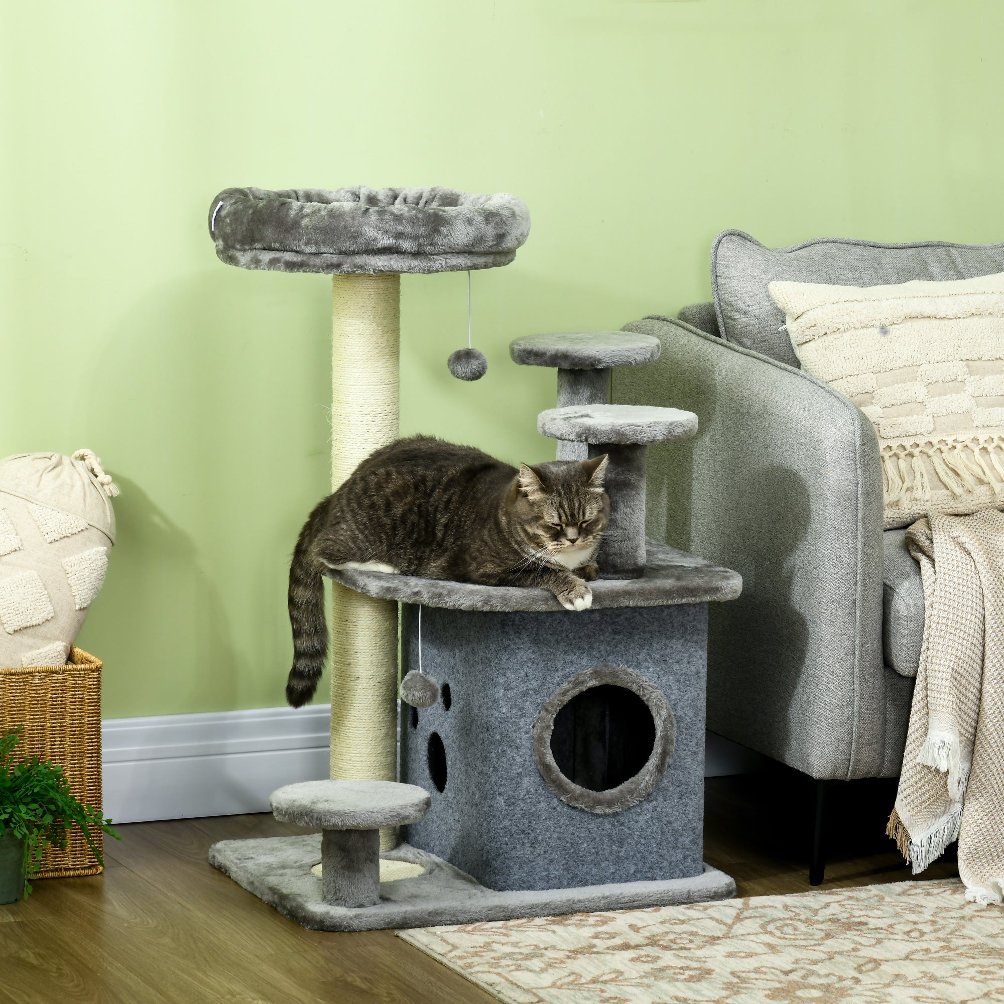 PawHut 92cm Cat Tree for Indoor Cats with Scratching Posts, Cat Tower with House, Bed, Perches, Scratching Mat, Toy - Grey