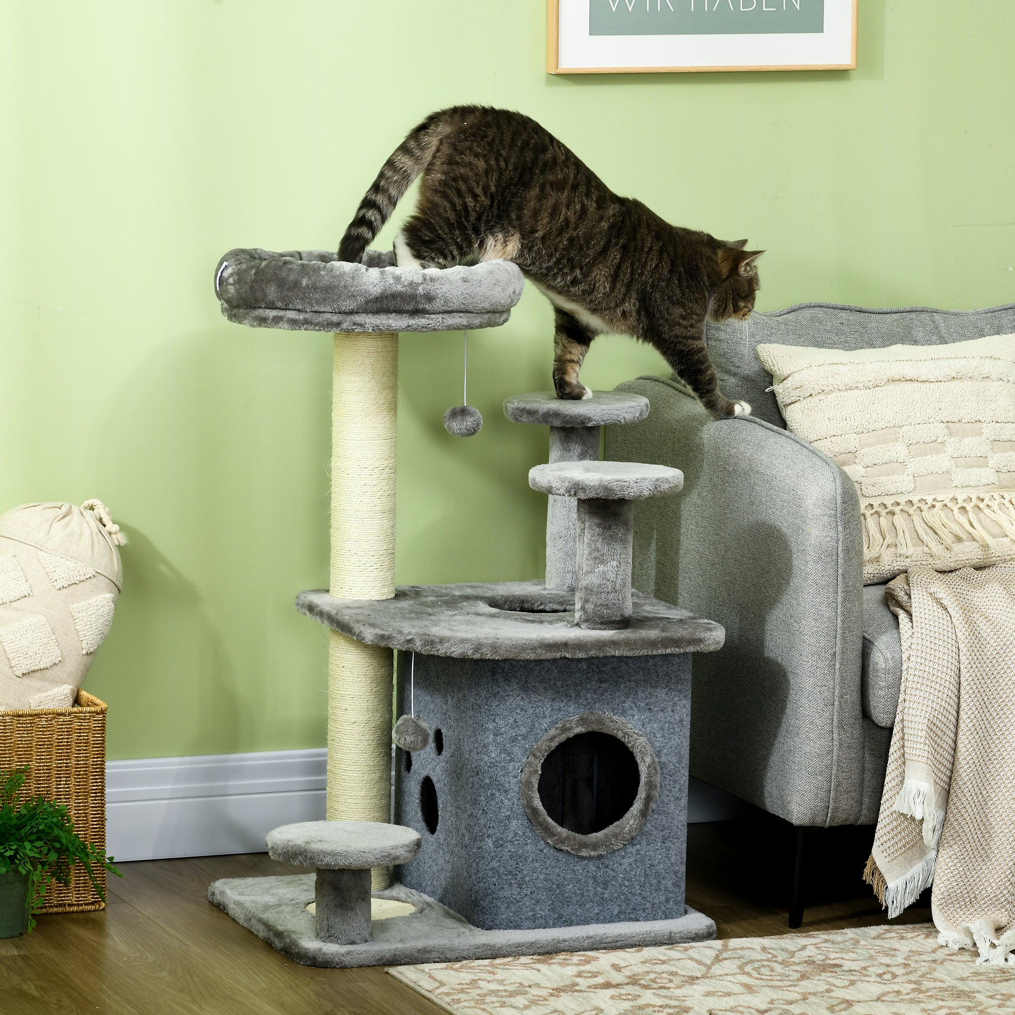 PawHut 92cm Cat Tree for Indoor Cats with Scratching Posts, Cat Tower with House, Bed, Perches, Scratching Mat, Toy - Grey