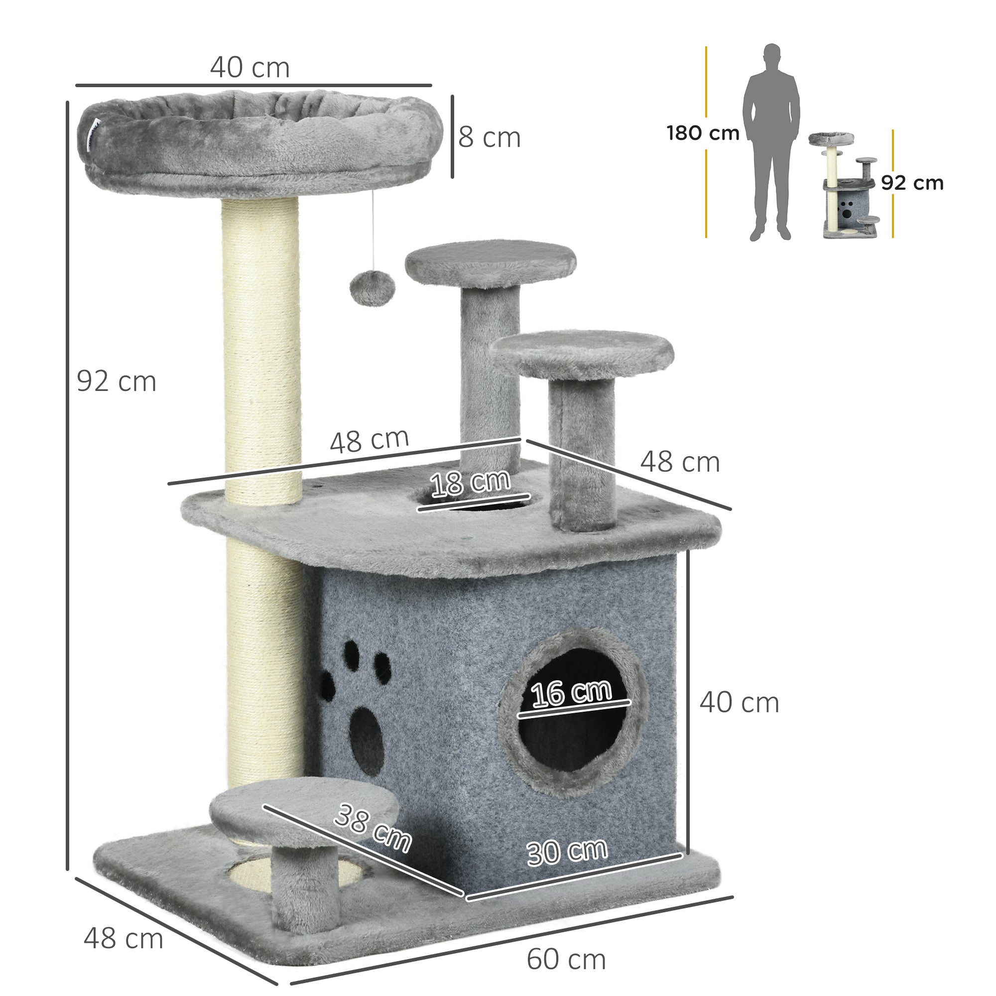 PawHut 92cm Cat Tree for Indoor Cats with Scratching Posts, Cat Tower with House, Bed, Perches, Scratching Mat, Toy - Grey
