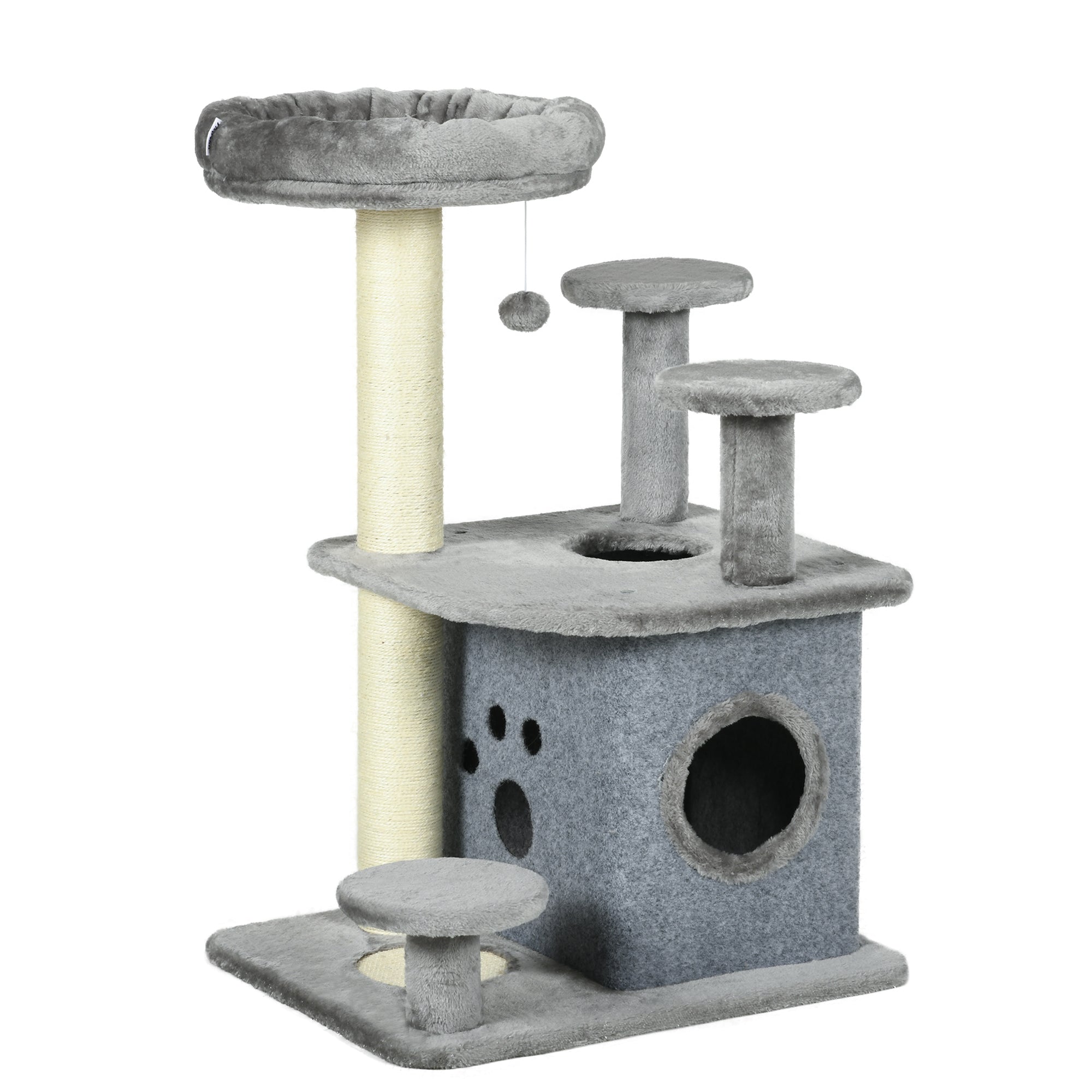 PawHut 92cm Cat Tree for Indoor Cats with Scratching Posts, Cat Tower with House, Bed, Perches, Scratching Mat, Toy - Grey