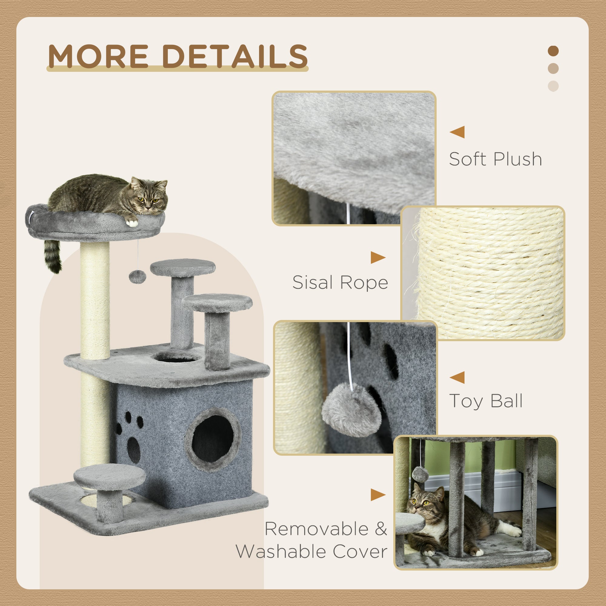 PawHut 92cm Cat Tree for Indoor Cats with Scratching Posts, Cat Tower with House, Bed, Perches, Scratching Mat, Toy - Grey
