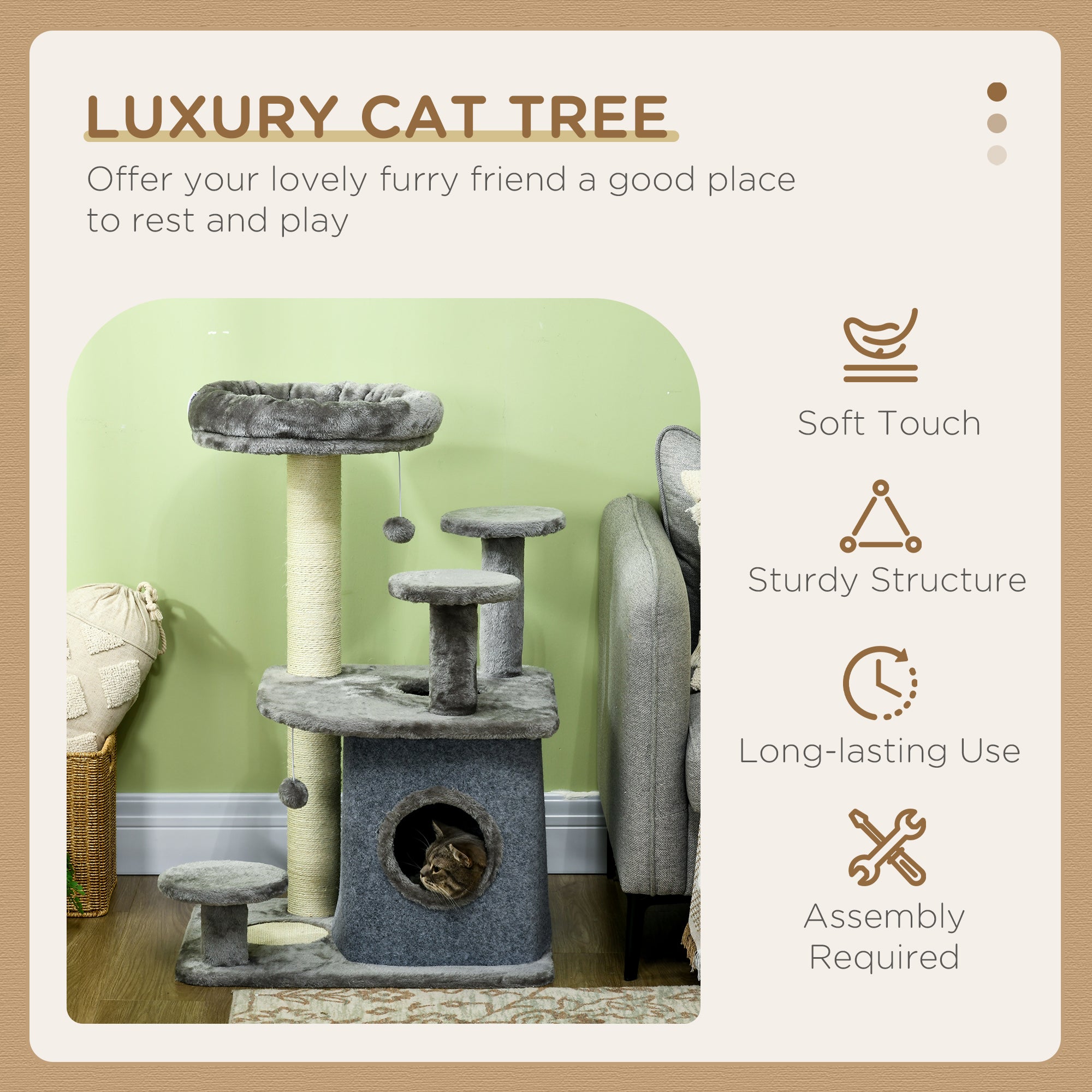 PawHut 92cm Cat Tree for Indoor Cats with Scratching Posts, Cat Tower with House, Bed, Perches, Scratching Mat, Toy - Grey