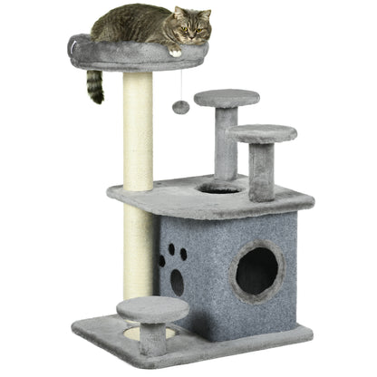 PawHut 92cm Cat Tree for Indoor Cats with Scratching Posts, Cat Tower with House, Bed, Perches, Scratching Mat, Toy - Grey