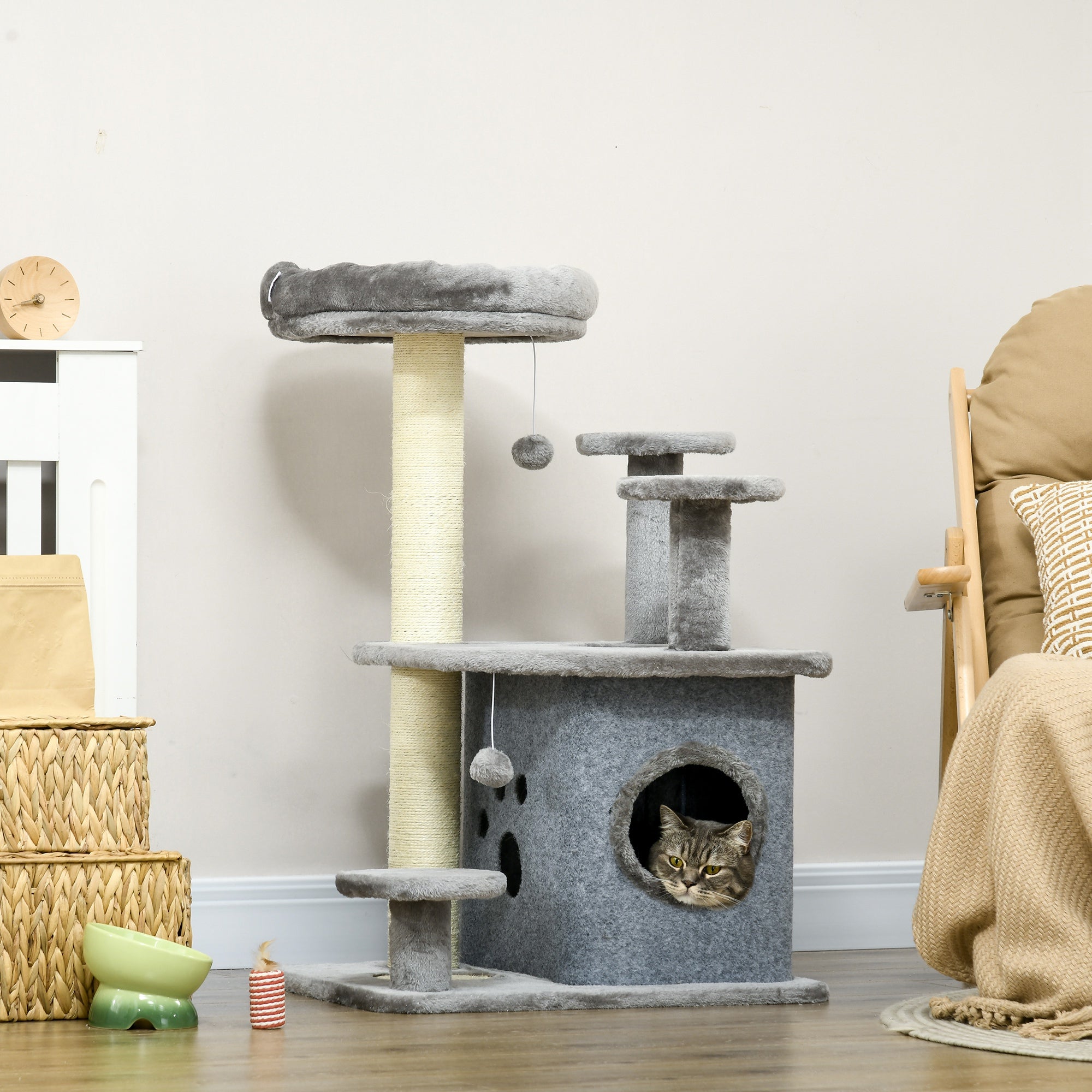 PawHut 92cm Cat Tree for Indoor Cats with Scratching Posts, Cat Tower with House, Bed, Perches, Scratching Mat, Toy - Grey