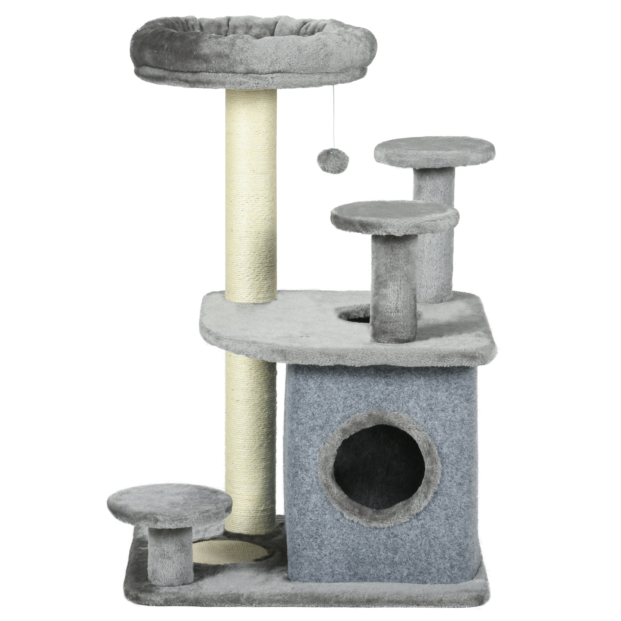 PawHut 92cm Cat Tree for Indoor Cats with Scratching Posts, Cat Tower with House, Bed, Perches, Scratching Mat, Toy - Grey
