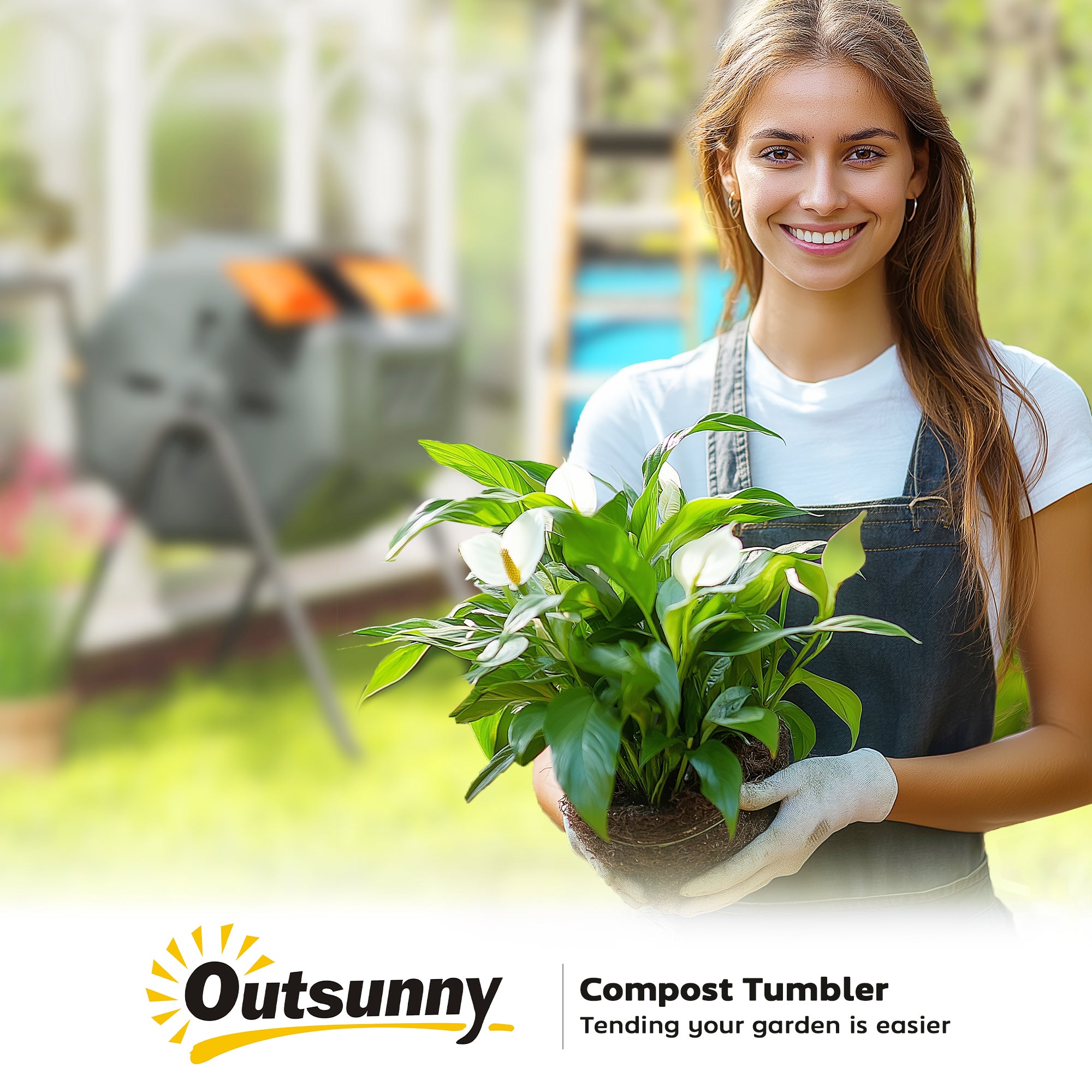 Outsunny 43 Gallon (160L) Tumbling Compost Bin Outdoor Dual Chamber 360° Rotating Composter with Sliding Doors, Solid Steel Frame and Gloves, Orange