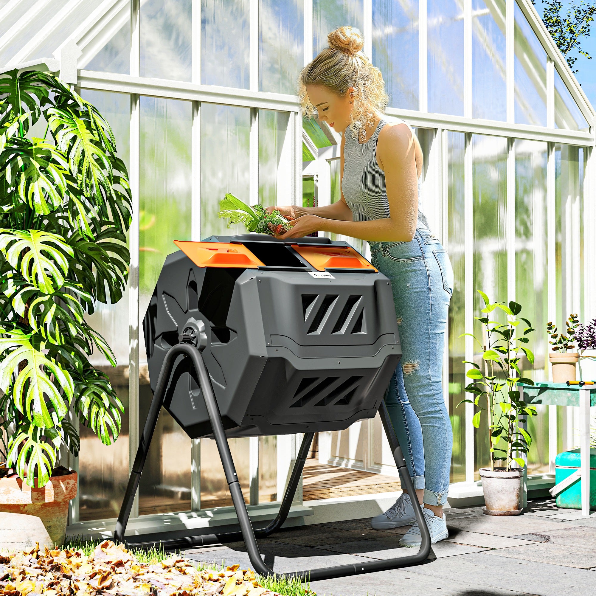 Outsunny 43 Gallon (160L) Tumbling Compost Bin Outdoor Dual Chamber 360° Rotating Composter with Sliding Doors, Solid Steel Frame and Gloves, Orange