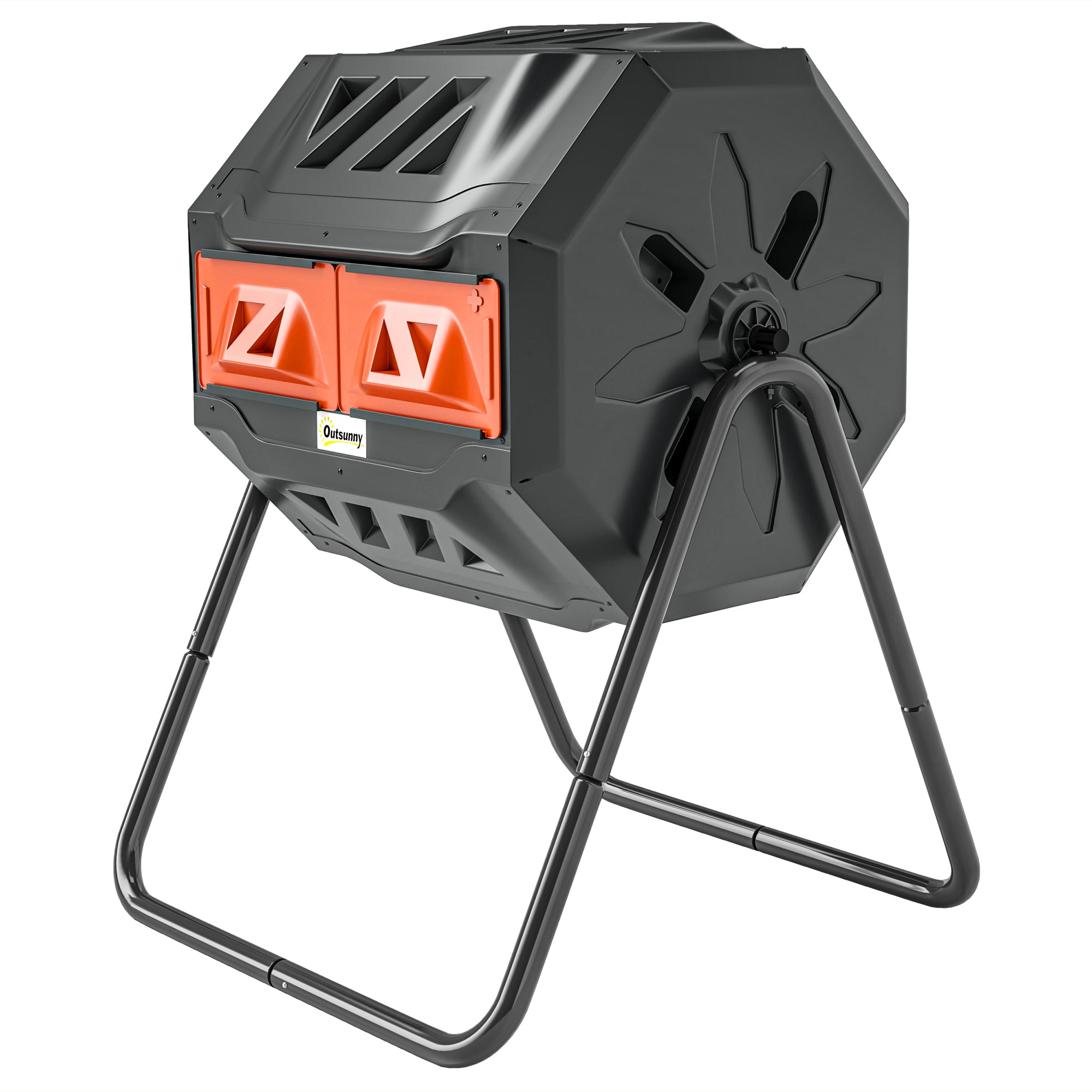 Outsunny 43 Gallon (160L) Tumbling Compost Bin Outdoor Dual Chamber 360° Rotating Composter with Sliding Doors, Solid Steel Frame and Gloves, Orange