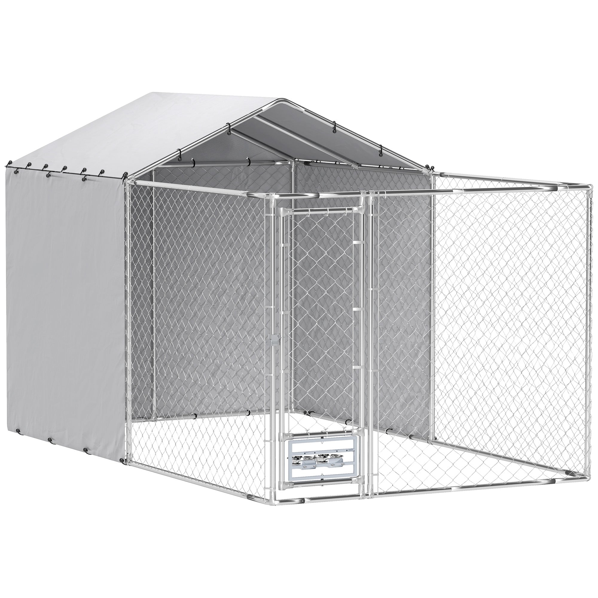 PawHut Large Outdoor Dog Kennel, Heavy Duty Dog Kennel Outside with Waterproof & UV-Resistant Cover, Rotating Bowls Door, Galvanized Chain Link Dog Run for Medium & Large Dogs, 13.1' x 7.5' x 7.5'