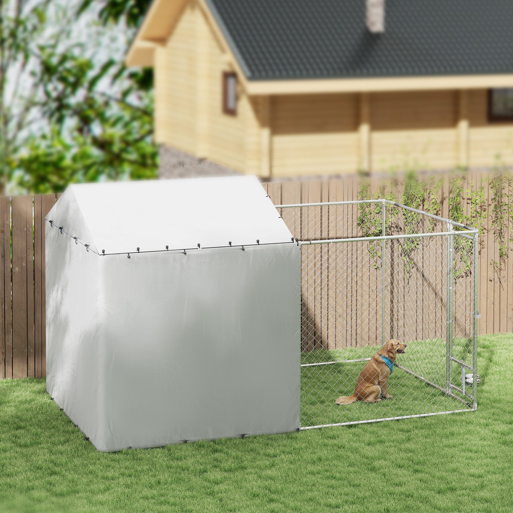 PawHut Large Outdoor Dog Kennel, Heavy Duty Dog Kennel Outside with Waterproof & UV-Resistant Cover, Rotating Bowls Door, Galvanized Chain Link Dog Run for Medium & Large Dogs, 13.1' x 7.5' x 7.5'
