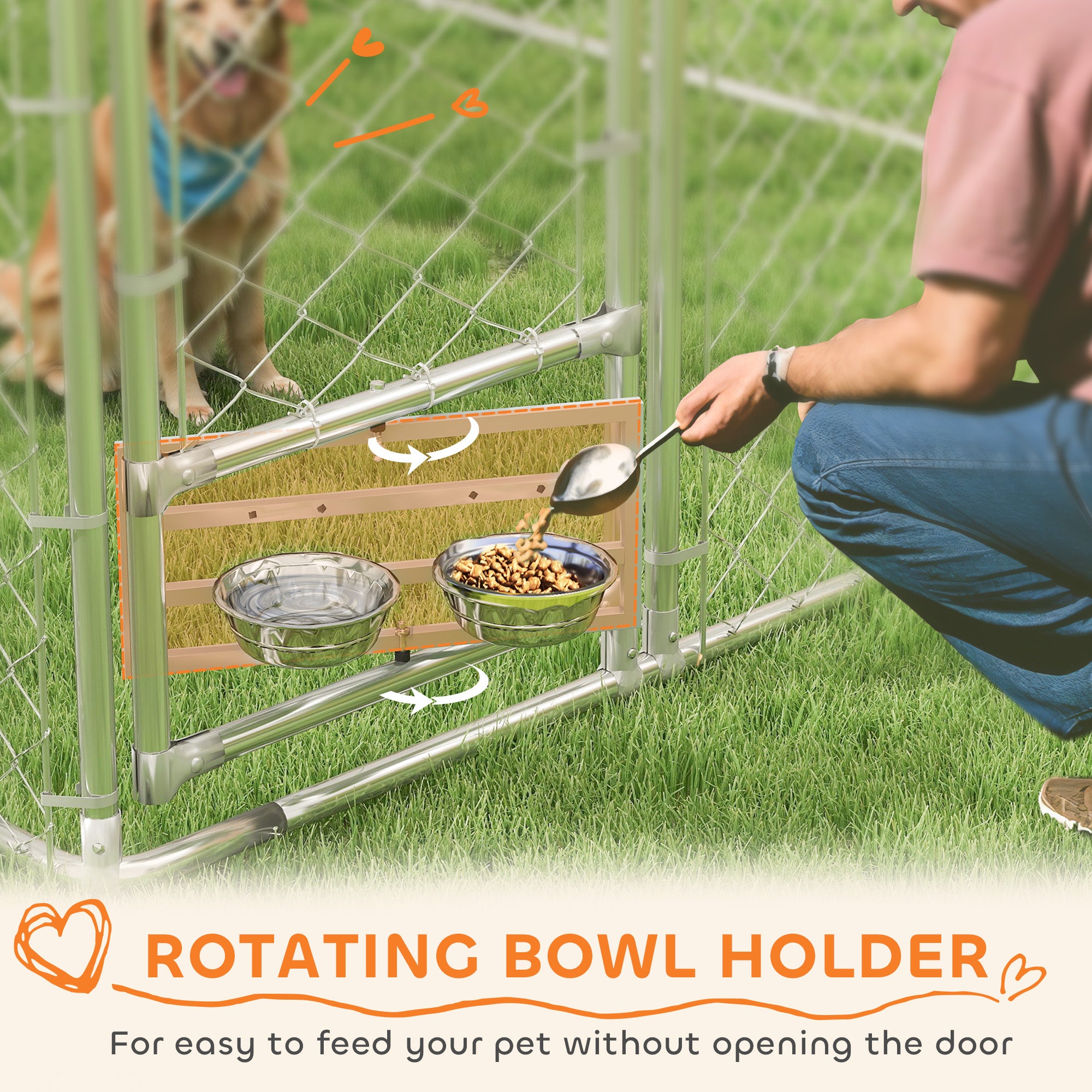 PawHut Large Outdoor Dog Kennel, Heavy Duty Dog Kennel Outside with Waterproof & UV-Resistant Cover, Rotating Bowls Door, Galvanized Chain Link Dog Run for Medium & Large Dogs, 13.1' x 7.5' x 7.5'