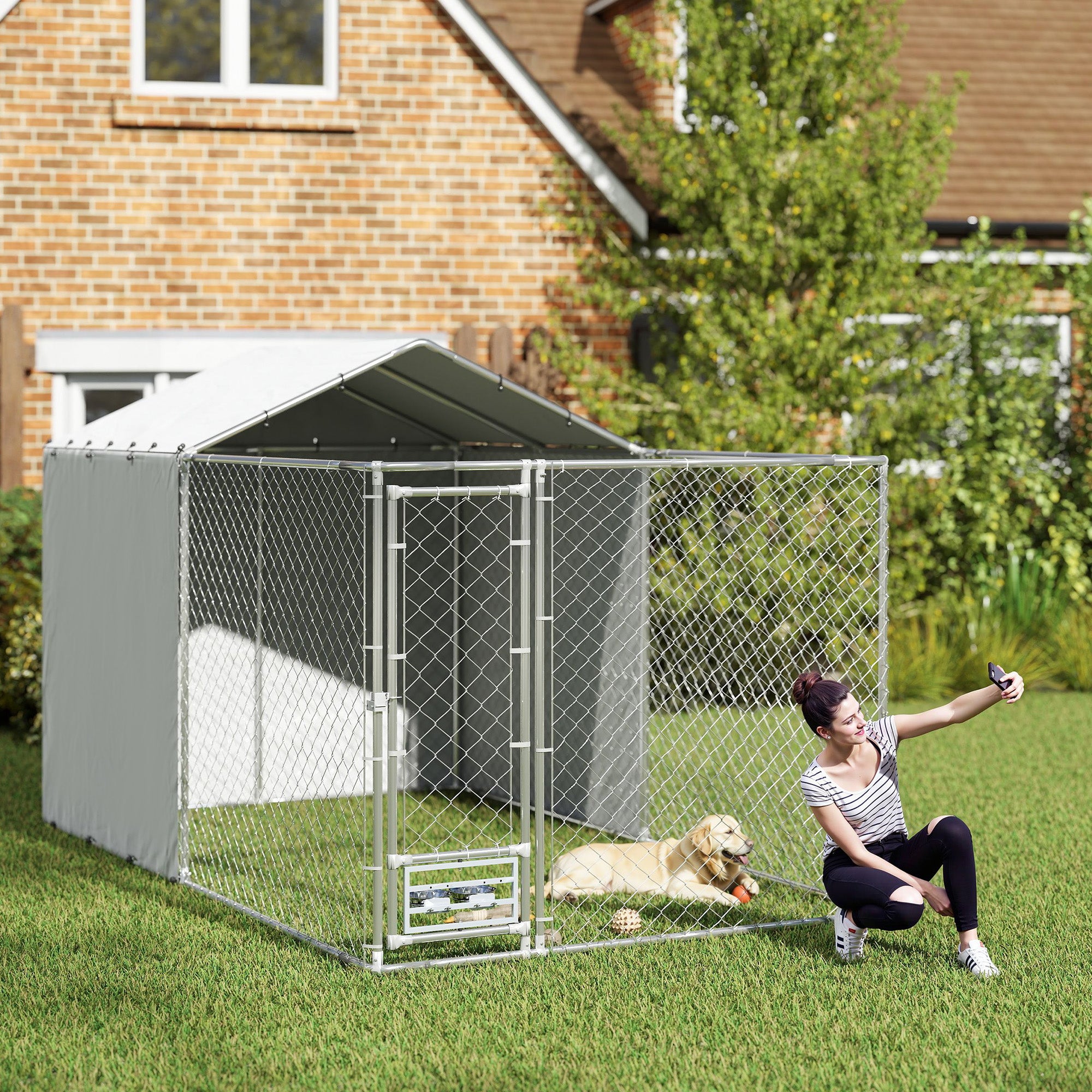 PawHut Large Outdoor Dog Kennel, Heavy Duty Dog Kennel Outside with Waterproof & UV-Resistant Cover, Rotating Bowls Door, Galvanized Chain Link Dog Run for Medium & Large Dogs, 13.1' x 7.5' x 7.5'