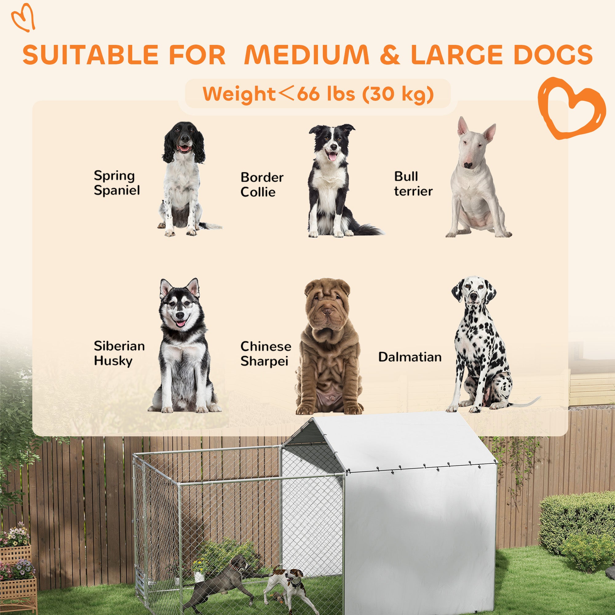 PawHut Large Outdoor Dog Kennel, Heavy Duty Dog Kennel Outside with Waterproof & UV-Resistant Cover, Rotating Bowls Door, Galvanized Chain Link Dog Run for Medium & Large Dogs, 13.1' x 7.5' x 7.5'