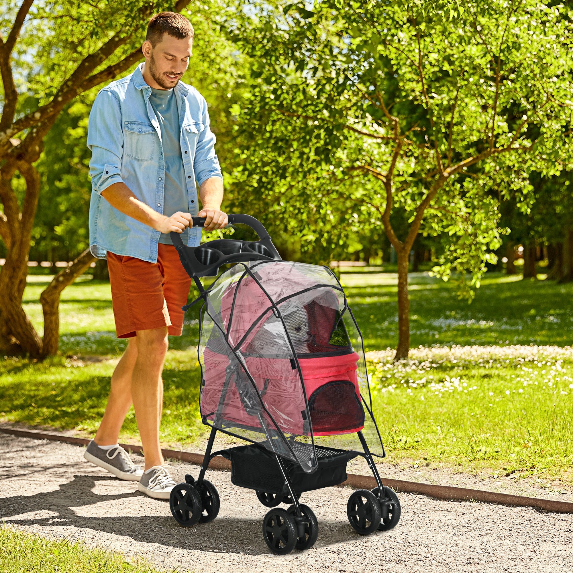 PawHut Dog Stroller with Rain Cover, Dog Pushchair One-Click Fold Trolley Jogger with EVA Wheels Brake Basket Adjustable Canopy Safety Leash for Small Dogs, Red
