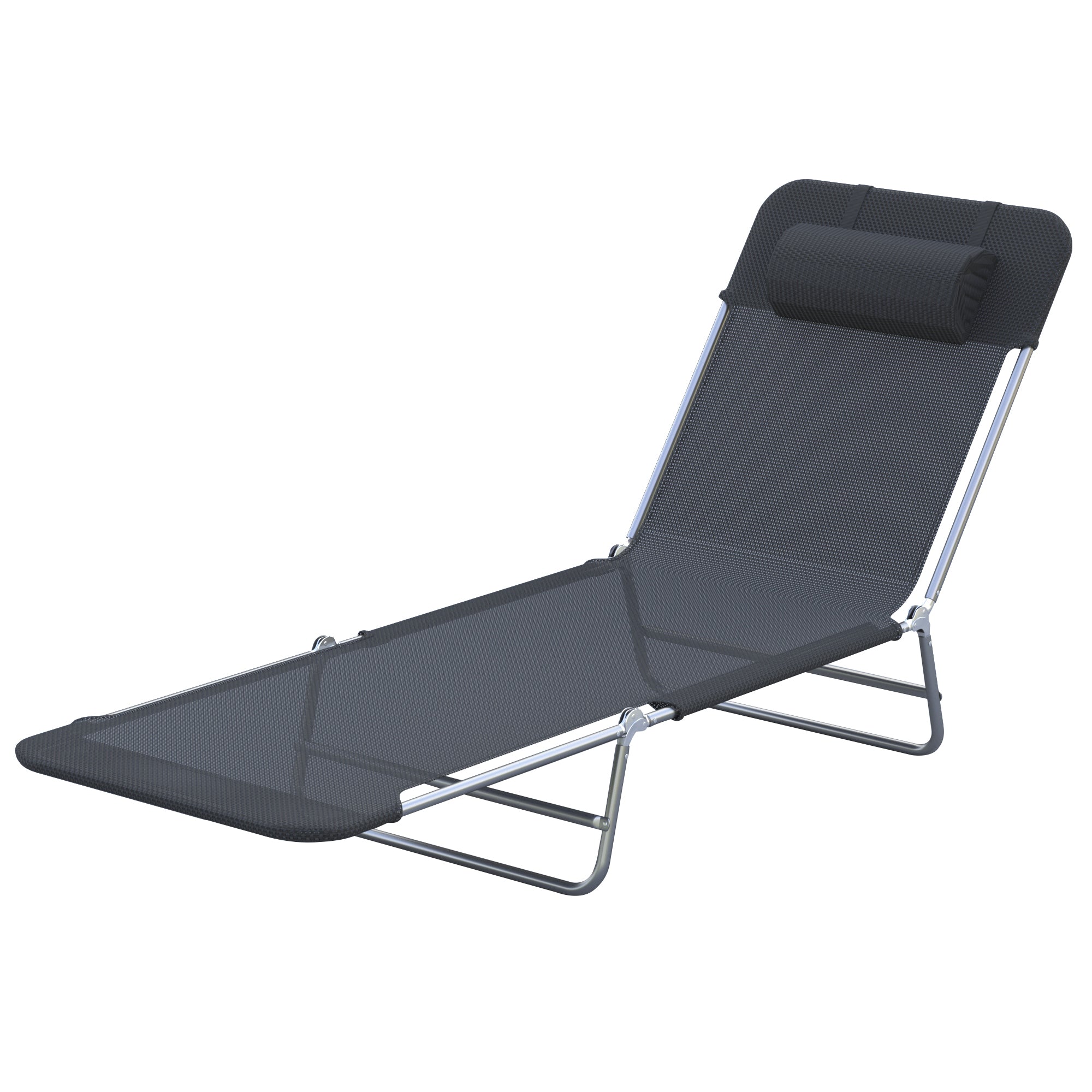 Outsunny Outdoor Lounge Chair, Portable Adjustable Reclining Seat Folding Chaise Lounge Patio Camping Beach Tanning Chair Bed with Pillow, Black