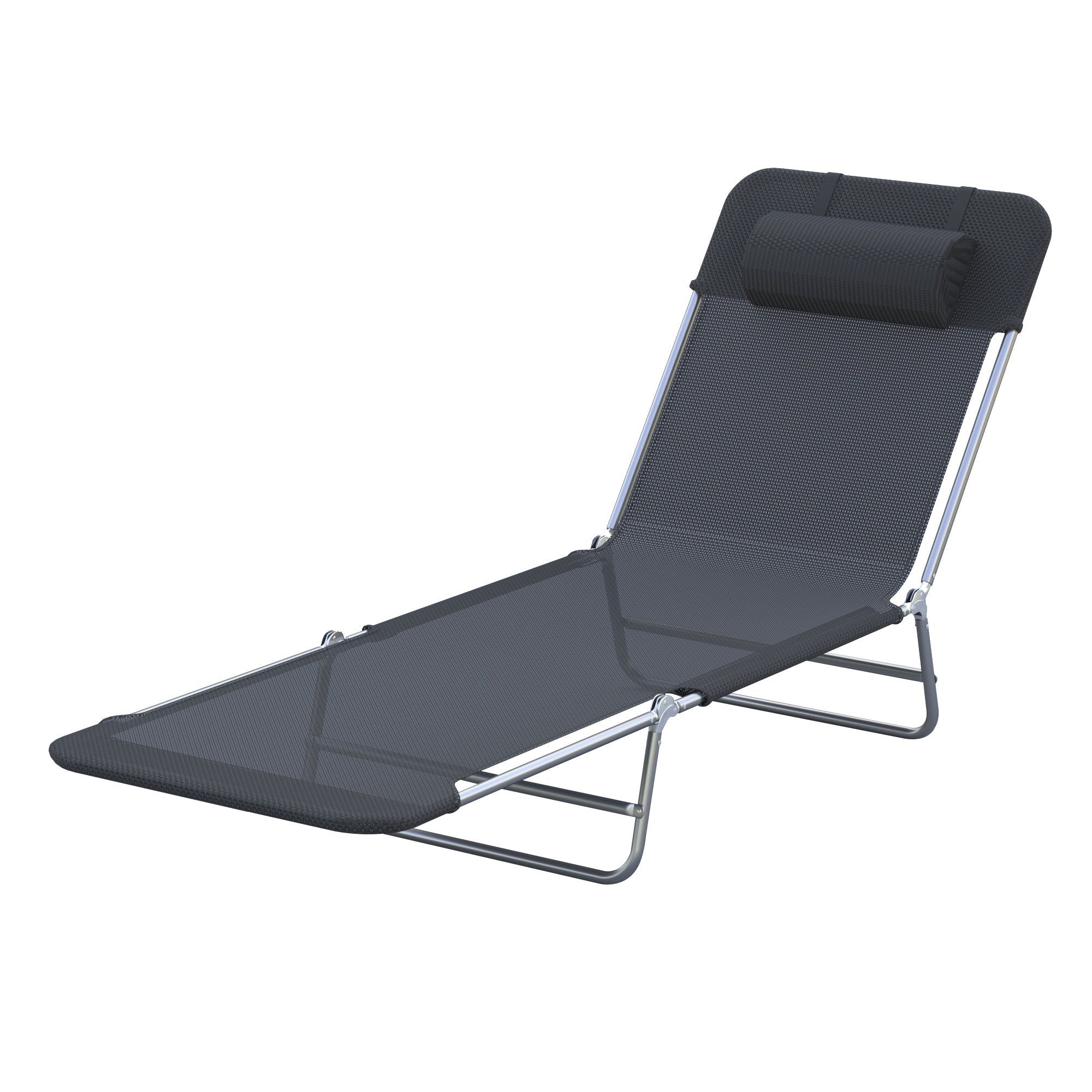 Outsunny Outdoor Lounge Chair, Portable Adjustable Reclining Seat Folding Chaise Lounge Patio Camping Beach Tanning Chair Bed with Pillow, Black
