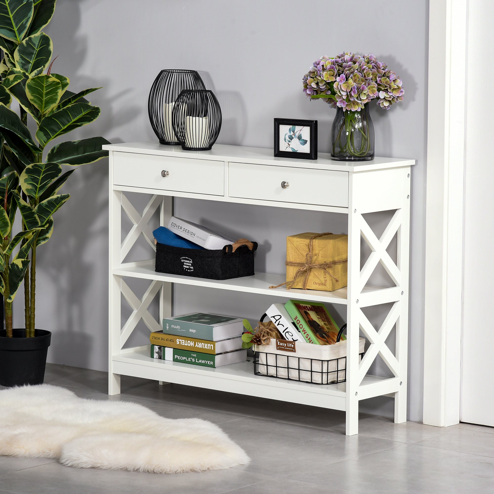HOMCOM Console Table Sofa Side Desk with Storage Shelves Drawers X Frame for Living Room Entryway White