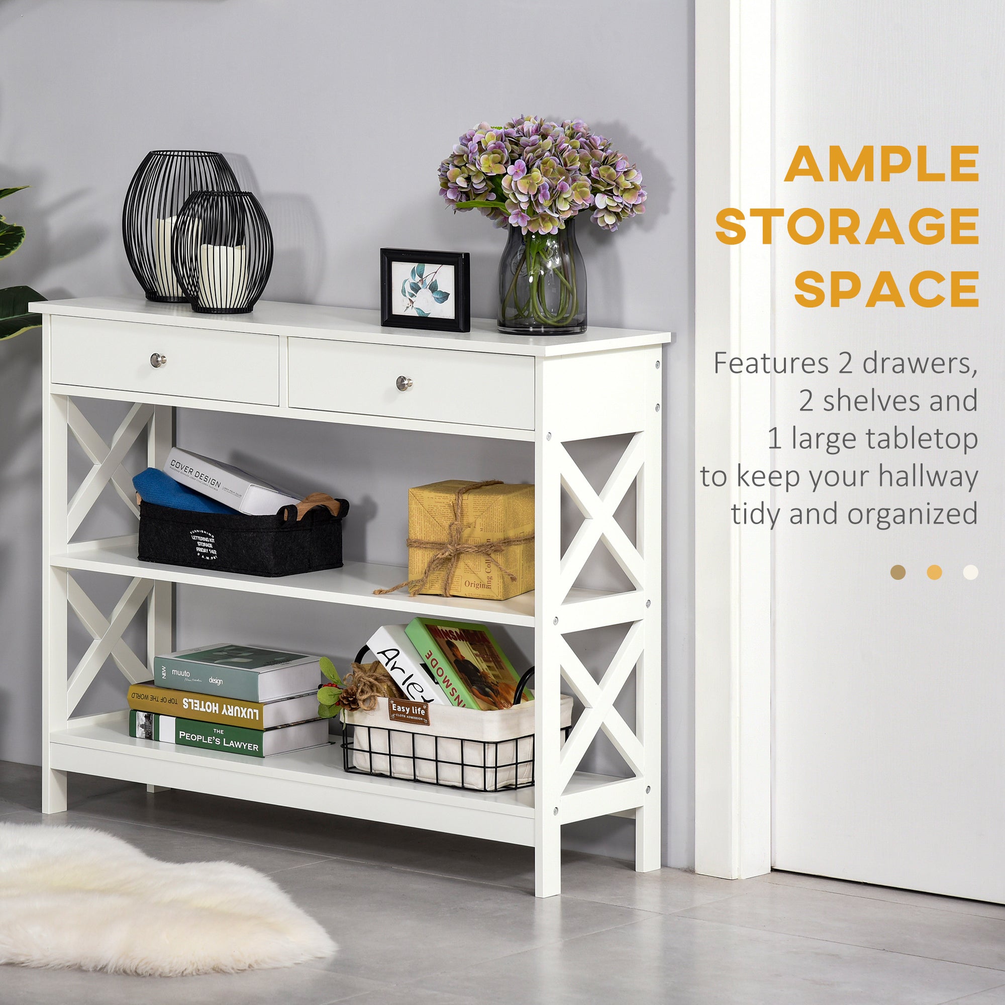 HOMCOM Console Table Sofa Side Desk with Storage Shelves Drawers X Frame for Living Room Entryway White