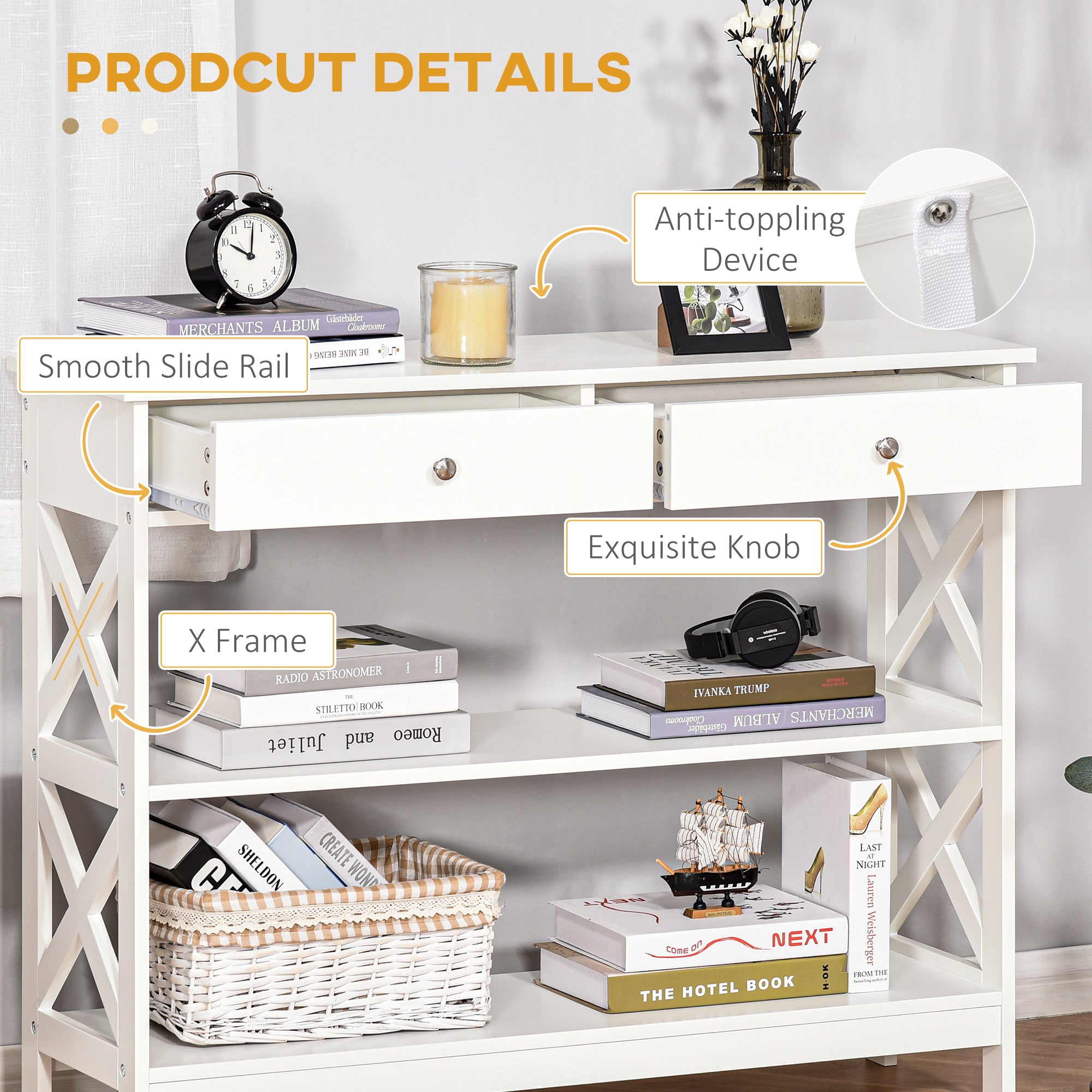 HOMCOM Console Table Sofa Side Desk with Storage Shelves Drawers X Frame for Living Room Entryway White