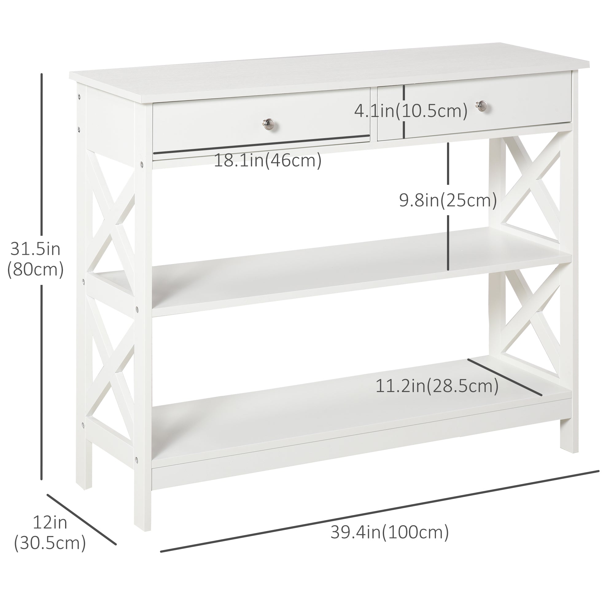 HOMCOM Console Table Sofa Side Desk with Storage Shelves Drawers X Frame for Living Room Entryway White