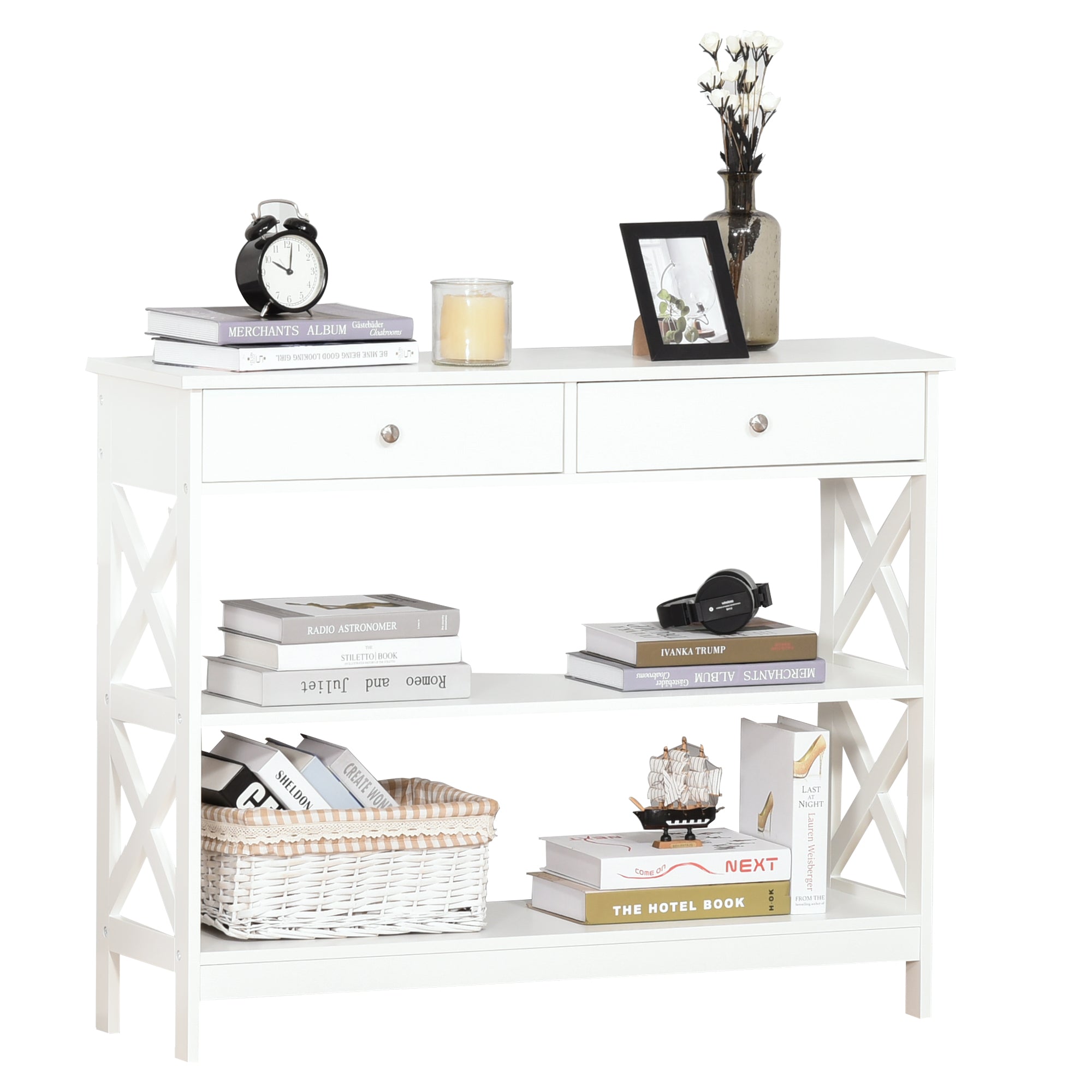 HOMCOM Console Table Sofa Side Desk with Storage Shelves Drawers X Frame for Living Room Entryway White