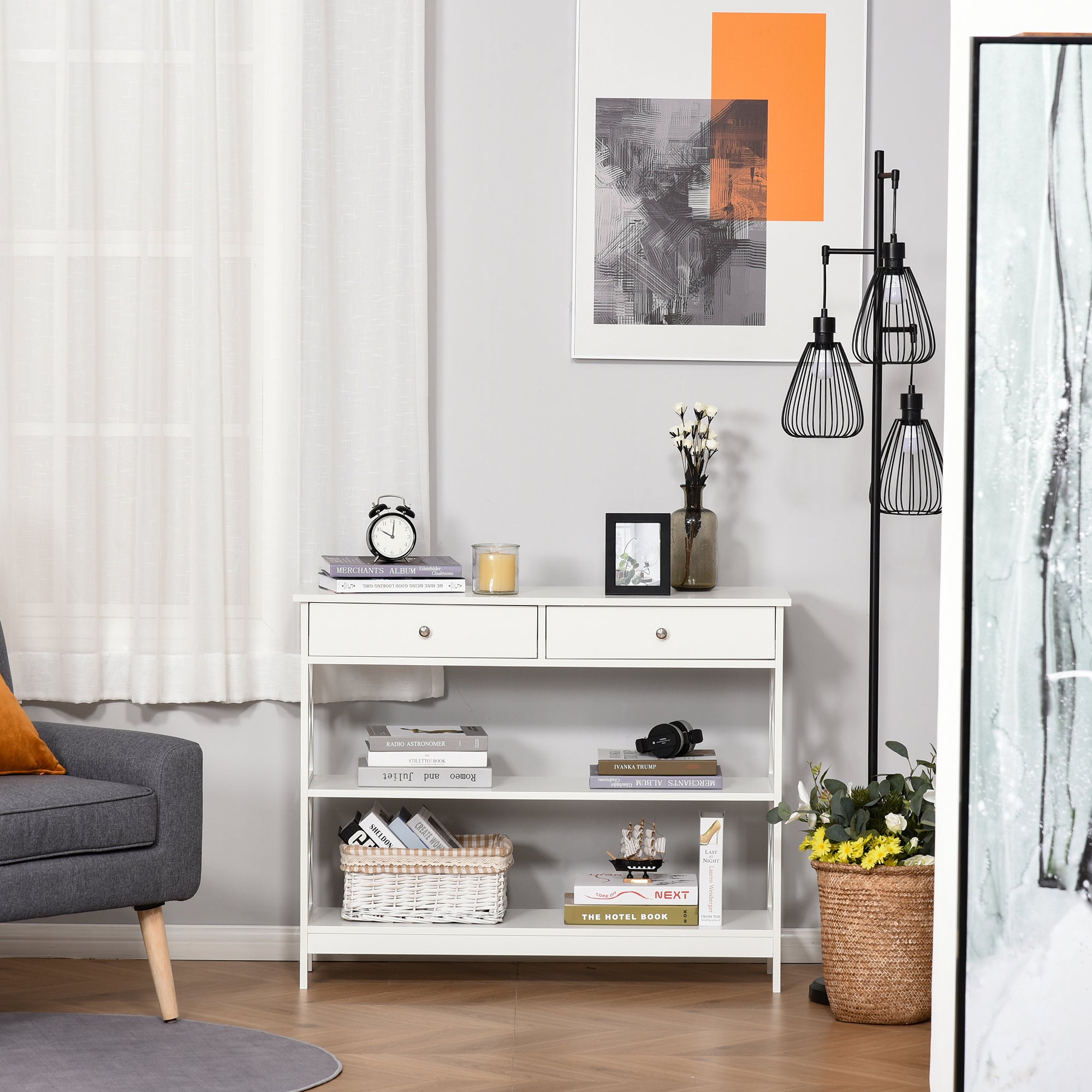 HOMCOM Console Table Sofa Side Desk with Storage Shelves Drawers X Frame for Living Room Entryway White