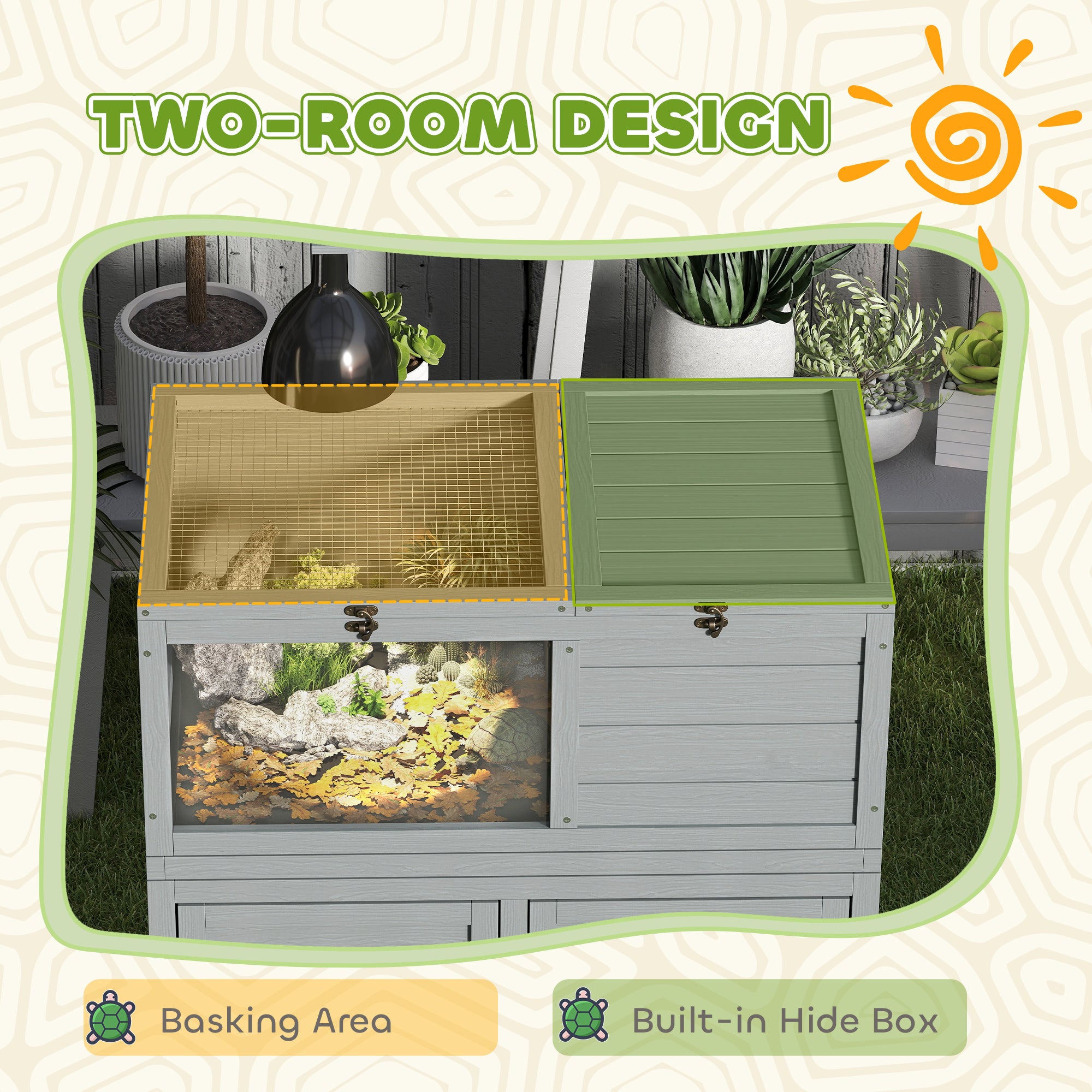 PawHut Tortoise House with Storage Cabinet, Wooden Tortoise Enclosure with Lamp Holder, Openable Top, Transparent Observation Windows, Tortoise Habitat for Indoor, Light Grey