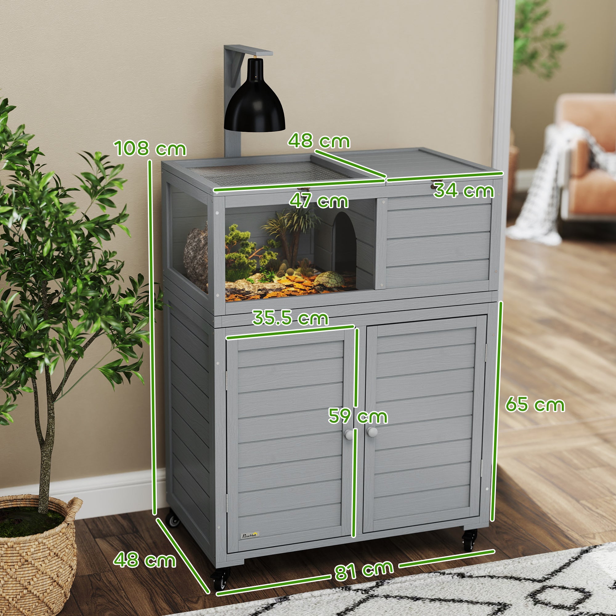 PawHut Tortoise House with Storage Cabinet, Wooden Tortoise Enclosure with Lamp Holder, Openable Top, Transparent Observation Windows, Tortoise Habitat for Indoor, Light Grey