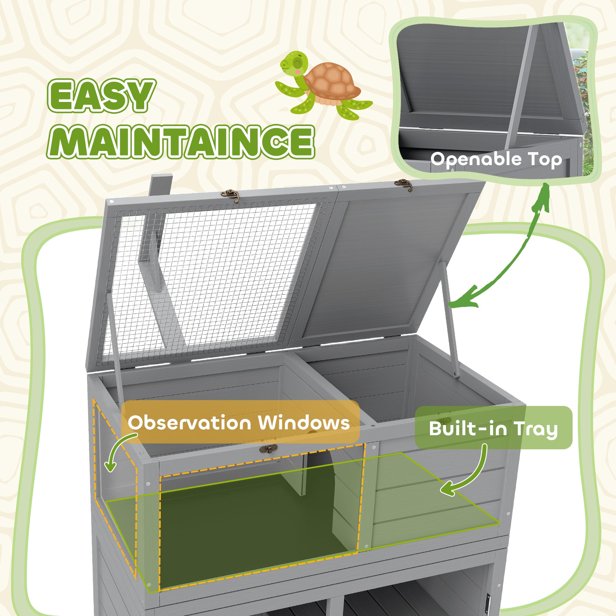 PawHut Tortoise House with Storage Cabinet, Wooden Tortoise Enclosure with Lamp Holder, Openable Top, Transparent Observation Windows, Tortoise Habitat for Indoor, Light Grey