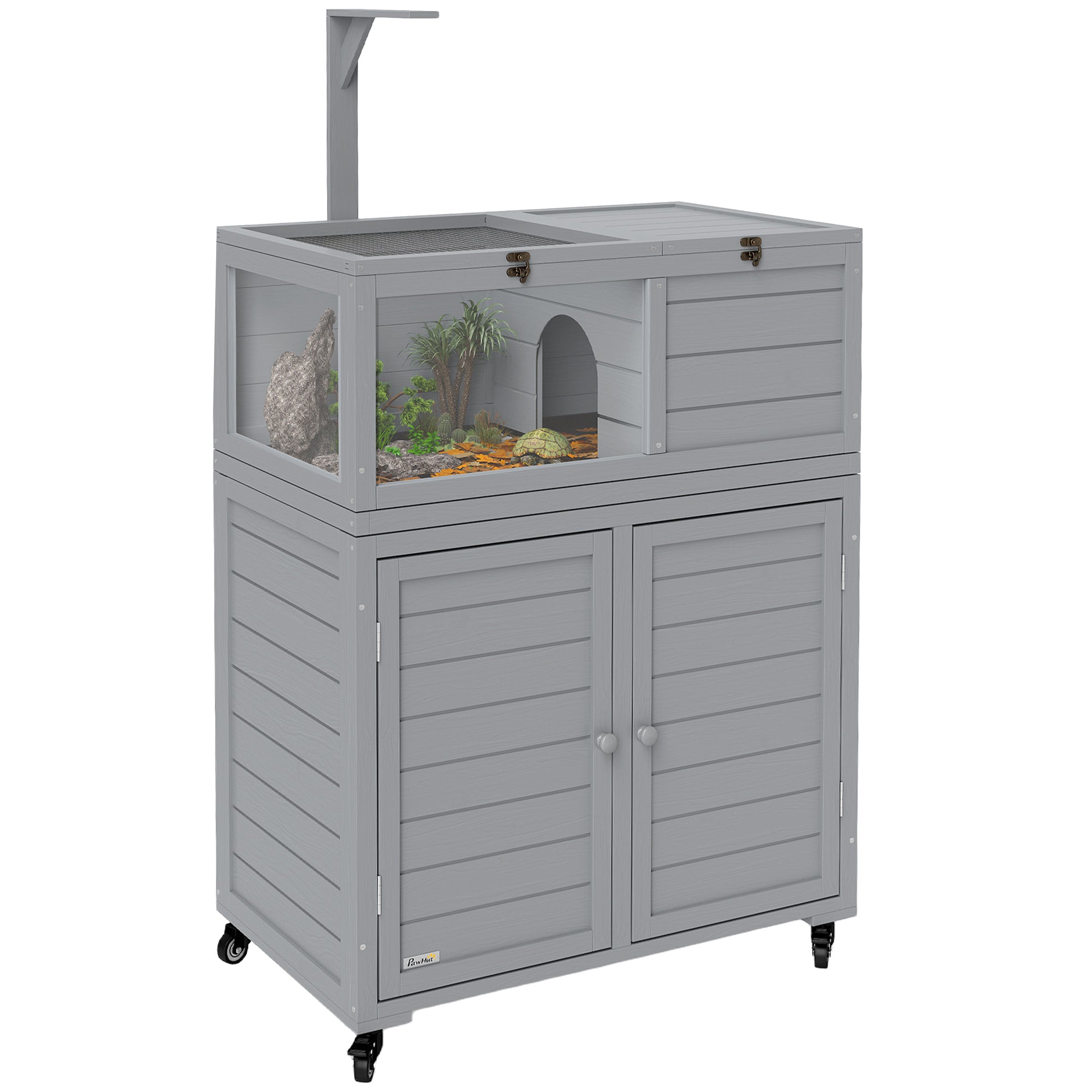 PawHut Tortoise House with Storage Cabinet, Wooden Tortoise Enclosure with Lamp Holder, Openable Top, Transparent Observation Windows, Tortoise Habitat for Indoor, Light Grey