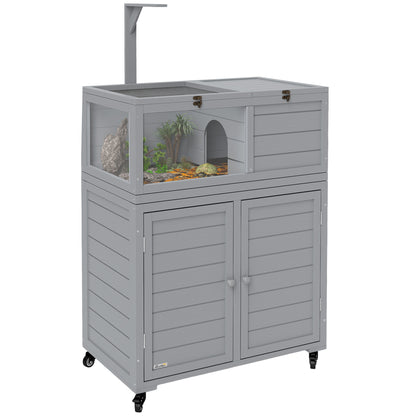 PawHut Tortoise House with Storage Cabinet, Wooden Tortoise Enclosure with Lamp Holder, Openable Top, Transparent Observation Windows, Tortoise Habitat for Indoor, Light Grey