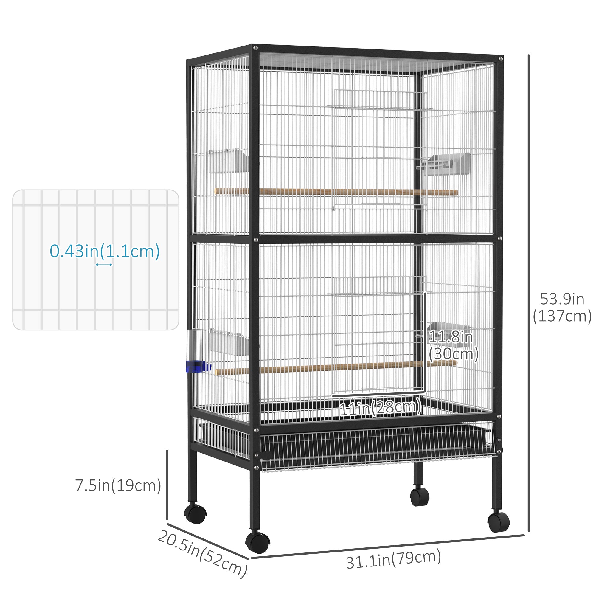 PawHut Bird Cage Parrot Macaw Finch Cockatoo Flight Cage with Wheels, White