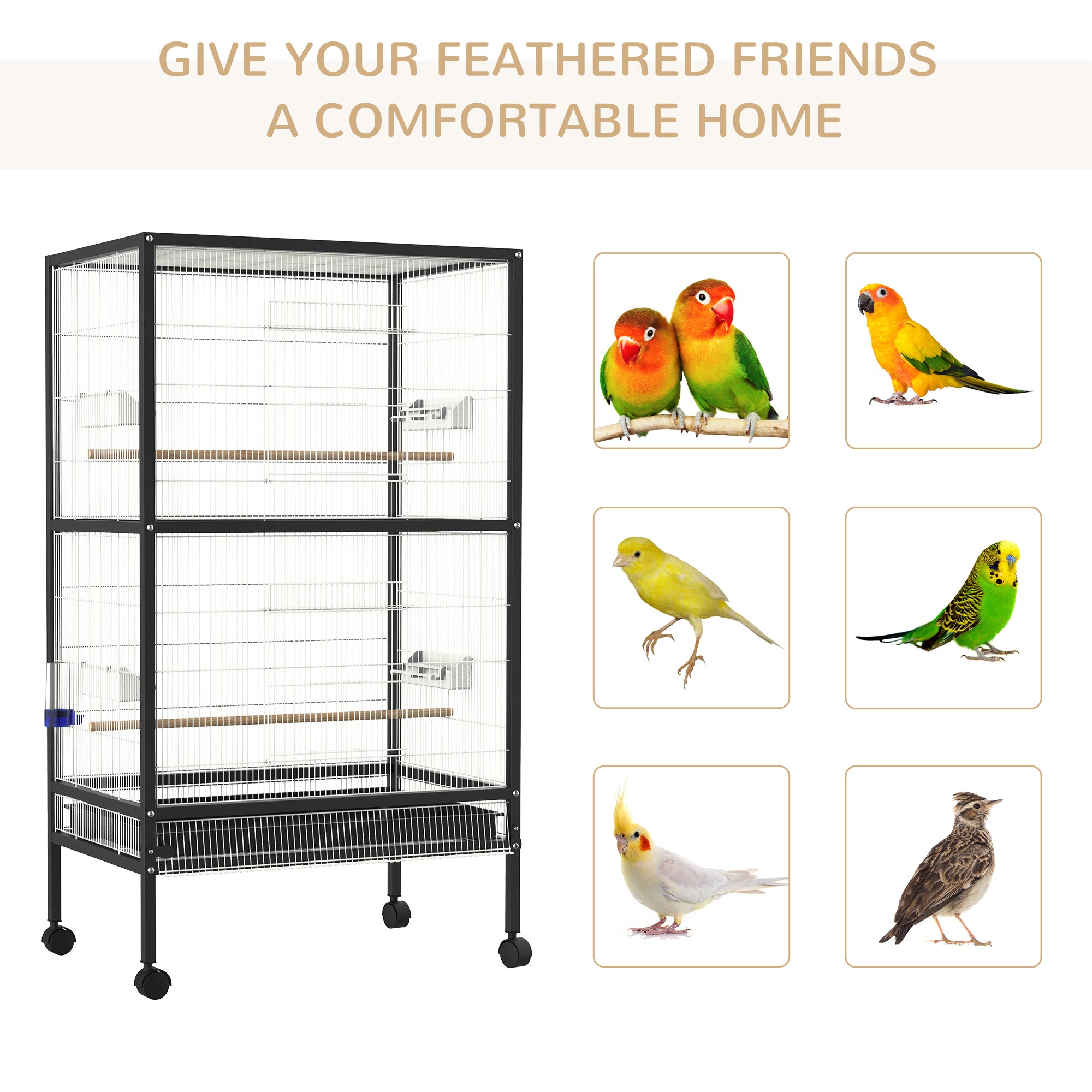 PawHut Bird Cage Parrot Macaw Finch Cockatoo Flight Cage with Wheels, White