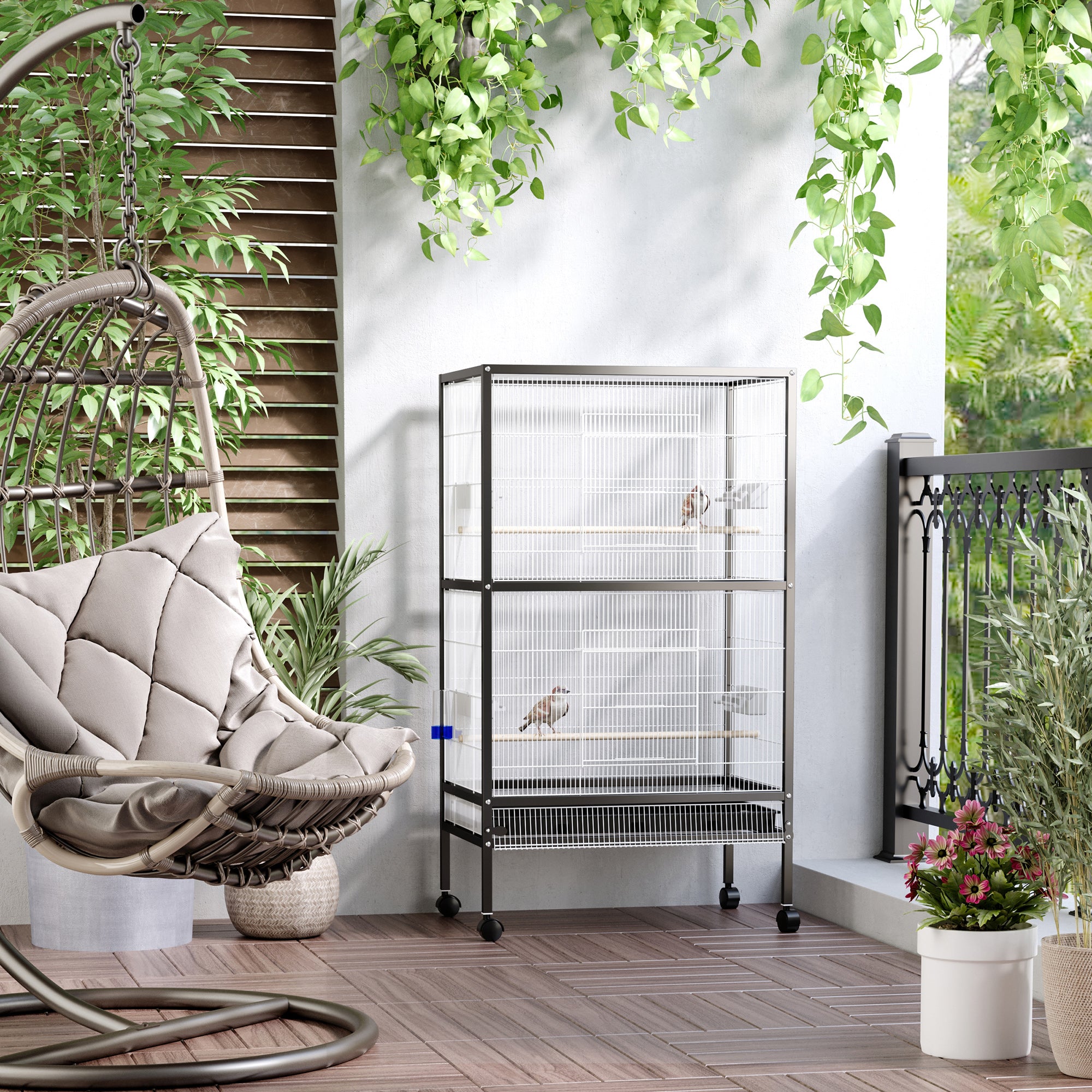 PawHut Bird Cage Parrot Macaw Finch Cockatoo Flight Cage with Wheels, White