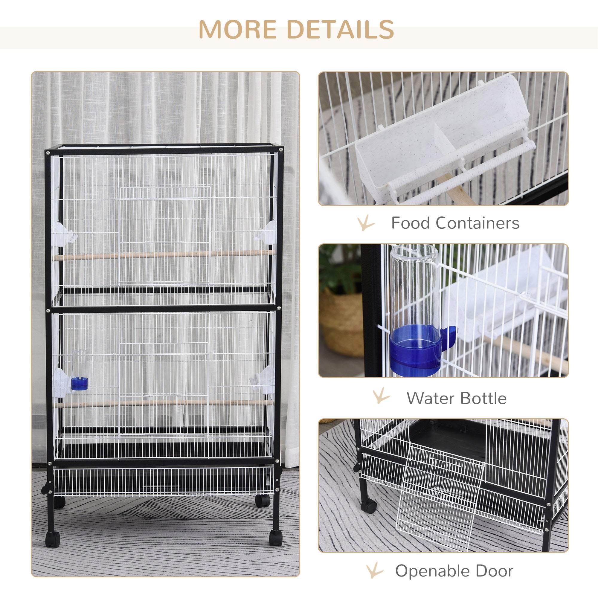 PawHut Bird Cage Parrot Macaw Finch Cockatoo Flight Cage with Wheels, White