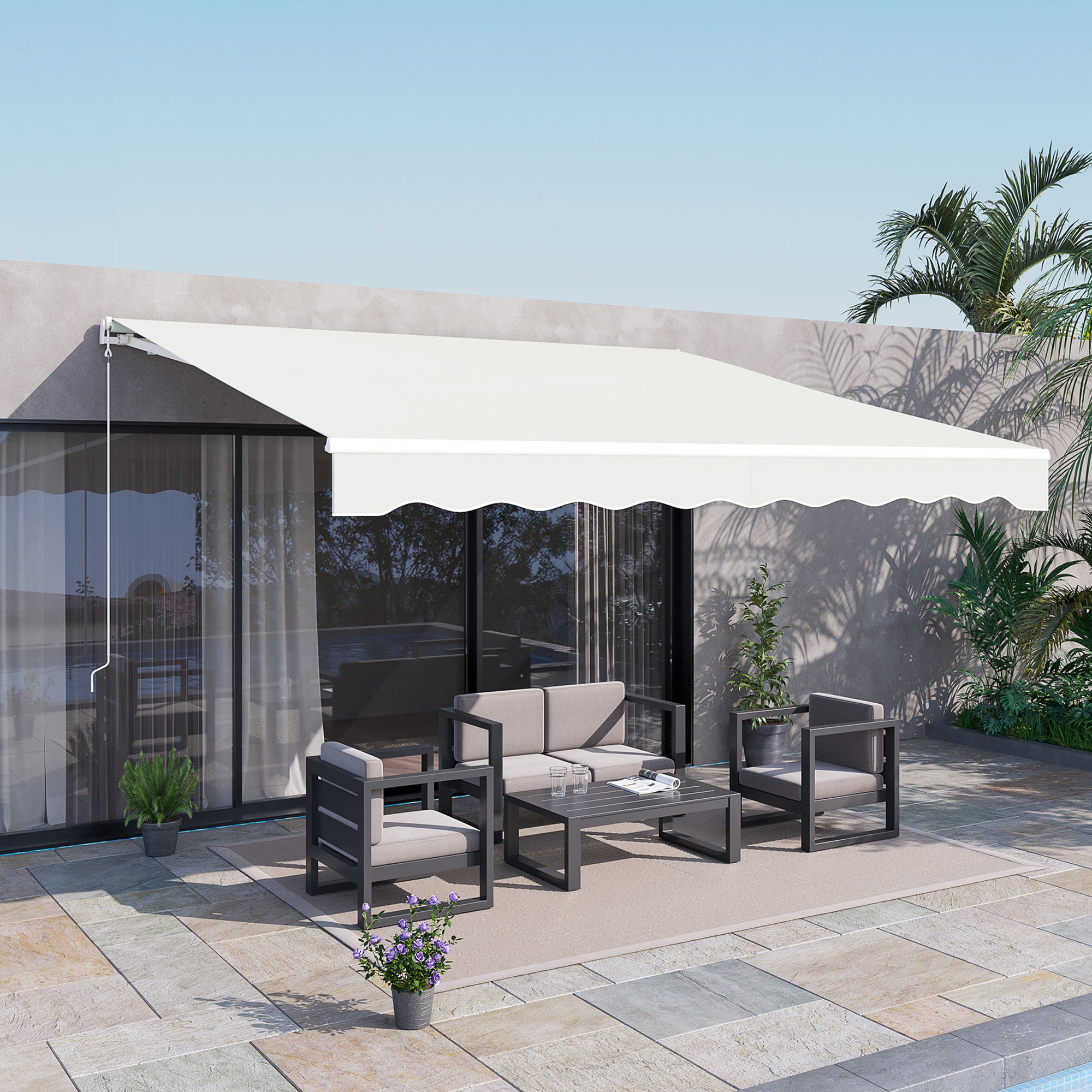 Outsunny 12' x 10' Electric Awning, Retractable Awning Sun Shade Shelter with Remote Controller, Manual Crank Handle and Aluminum Frame, for Deck, Balcony, Yard, Cream White
