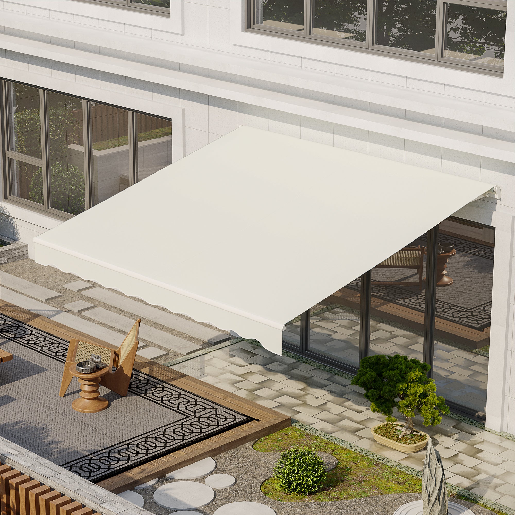 Outsunny 12' x 10' Electric Awning, Retractable Awning Sun Shade Shelter with Remote Controller, Manual Crank Handle and Aluminum Frame, for Deck, Balcony, Yard, Cream White