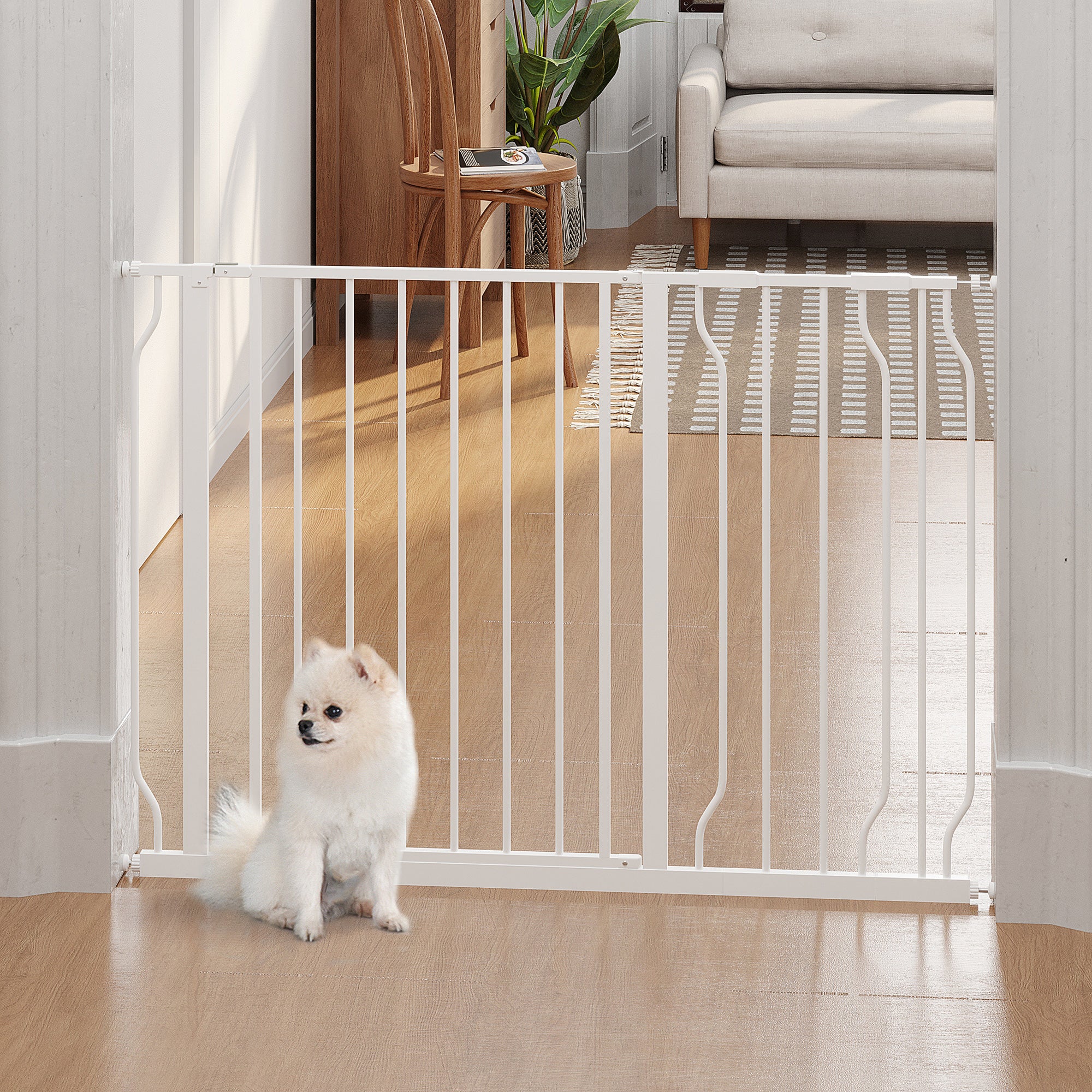 PawHut 30"- 45" Extra Wide Dog Gate with Door, Double Locking System, Easy Install Pet Gate for Stairs, Hallways, and Doorways, White