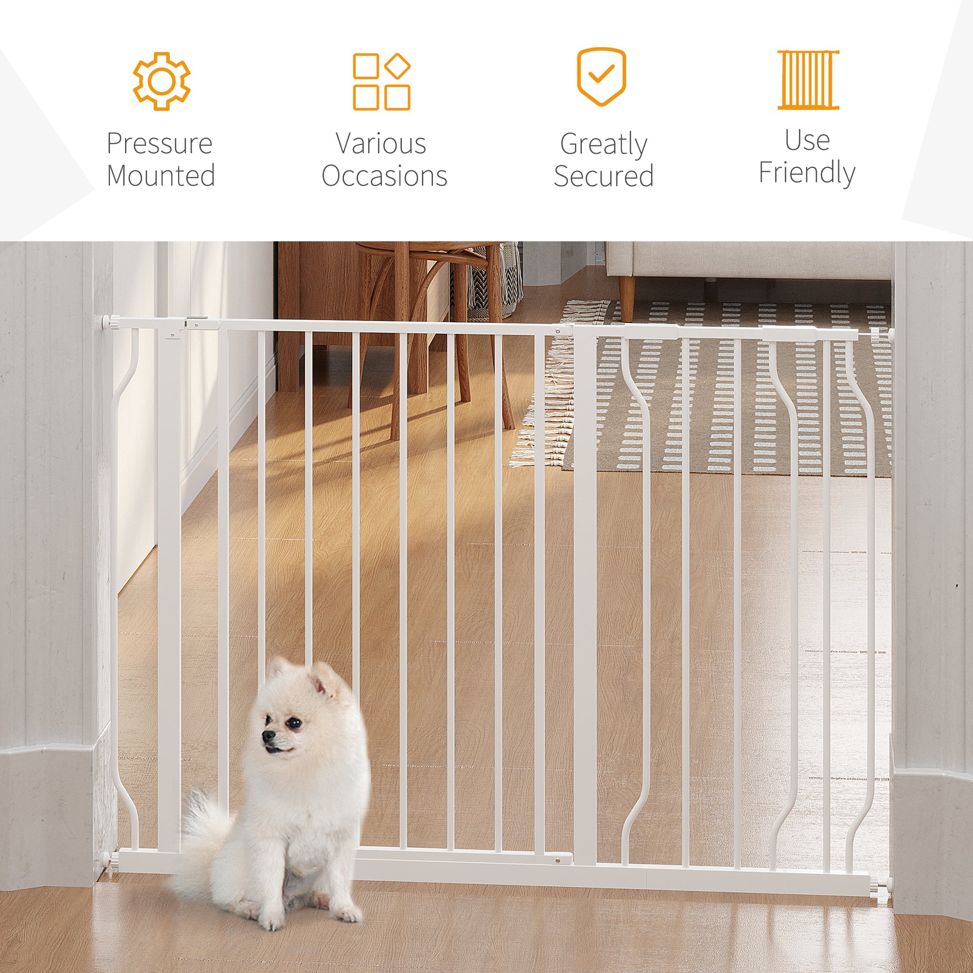 PawHut Dog Gate Wide Stair Gate w/ Door Pressure Fit Pets Barrier for Doorway, Hallway, 76H x 75-115W cm - White