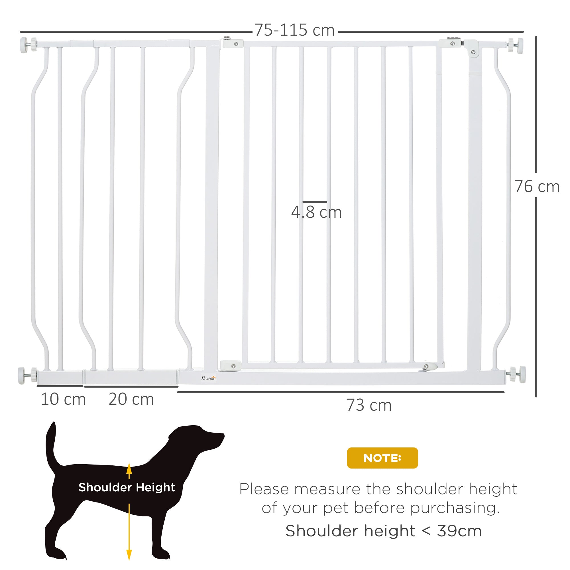 PawHut Dog Gate Wide Stair Gate w/ Door Pressure Fit Pets Barrier for Doorway, Hallway, 76H x 75-115W cm - White