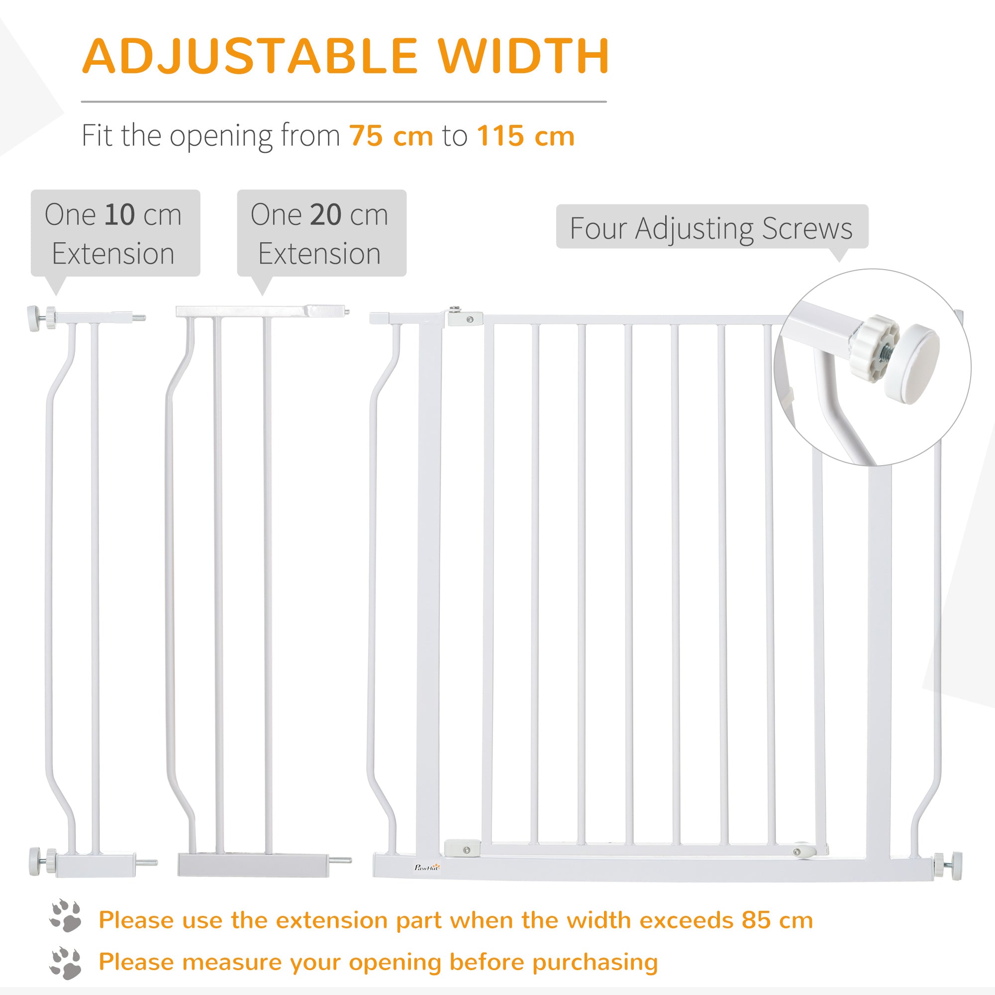 PawHut Dog Gate Wide Stair Gate w/ Door Pressure Fit Pets Barrier for Doorway, Hallway, 76H x 75-115W cm - White