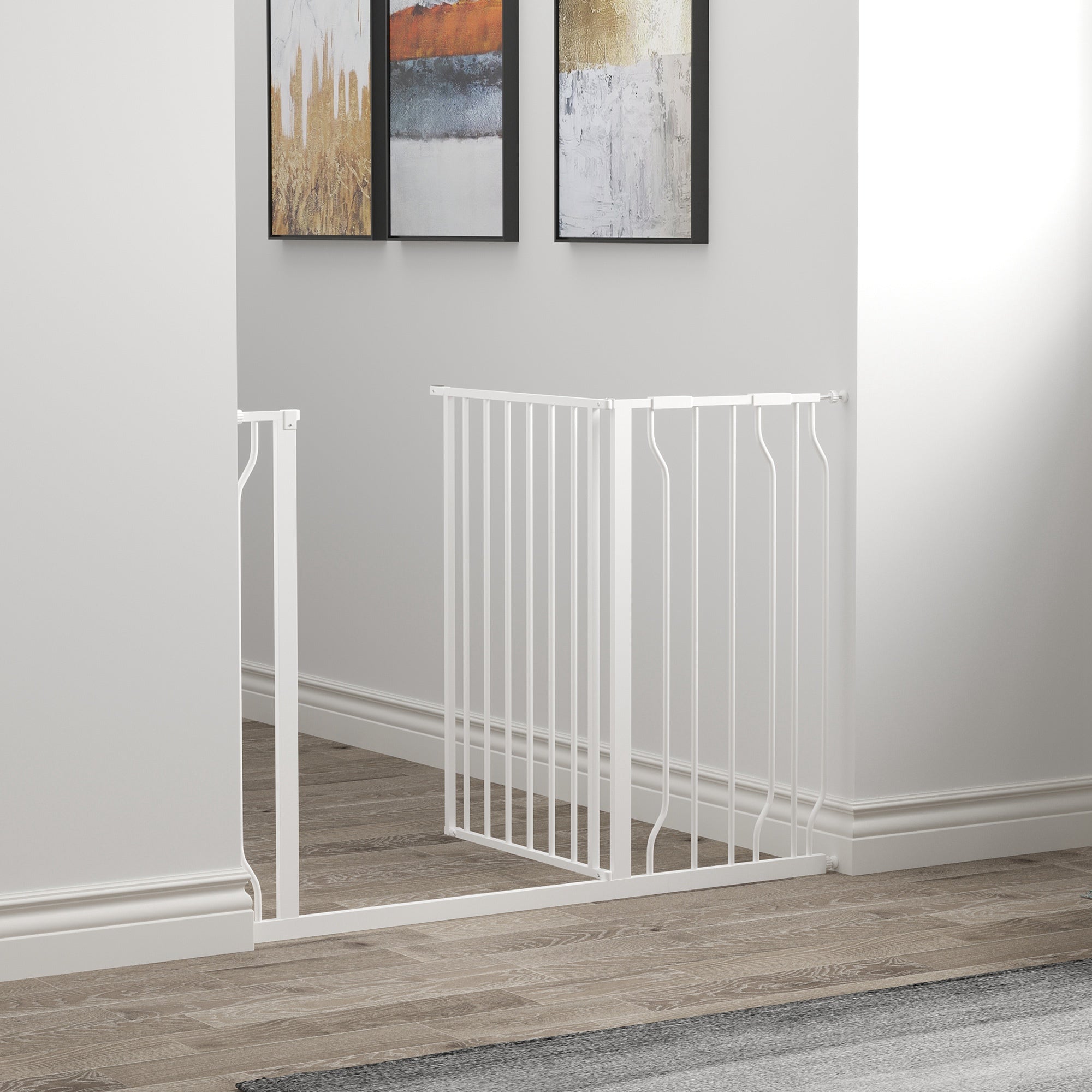 PawHut Dog Gate Wide Stair Gate w/ Door Pressure Fit Pets Barrier for Doorway, Hallway, 76H x 75-115W cm - White