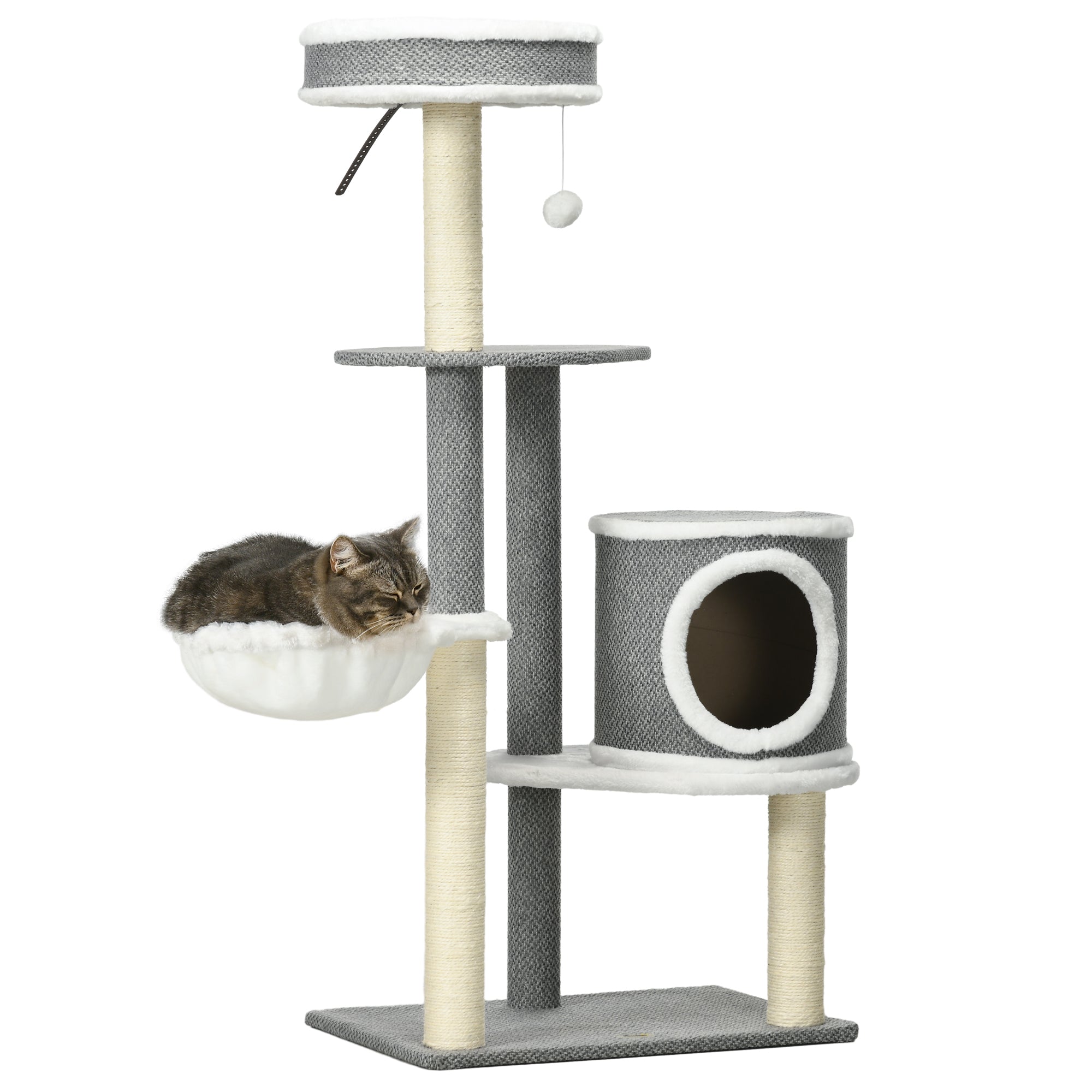 PawHut 124cm Cat Tree for Indoor Cats, Cat Tower with Scratching Post, Bed, Hammock, Cat House, Perch, Toy Ball, Multi-Level Cat Climbing Frame