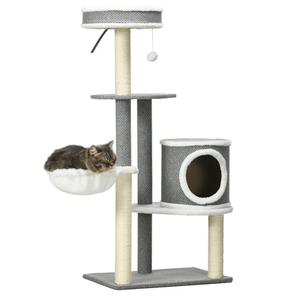 PawHut 124cm Cat Tree for Indoor Cats, Cat Tower with Scratching Post, Bed, Hammock, Cat House, Perch, Toy Ball, Multi-Level Cat Climbing Frame