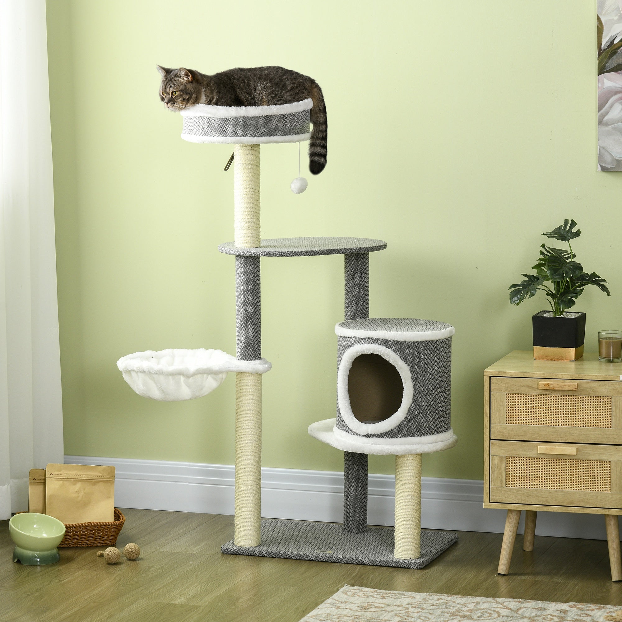 PawHut 124cm Cat Tree for Indoor Cats, Cat Tower with Scratching Post, Bed, Hammock, Cat House, Perch, Toy Ball, Multi-Level Cat Climbing Frame