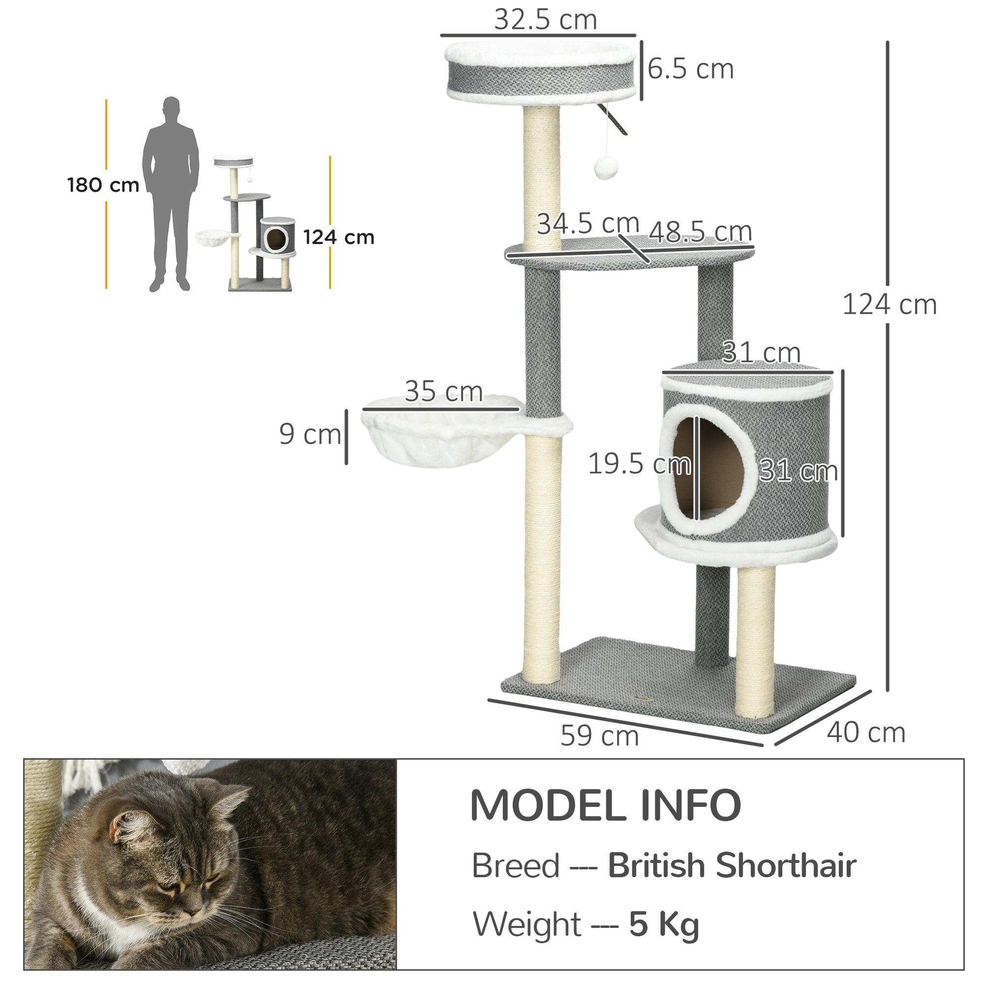 PawHut 124cm Cat Tree for Indoor Cats, Cat Tower with Scratching Post, Bed, Hammock, Cat House, Perch, Toy Ball, Multi-Level Cat Climbing Frame