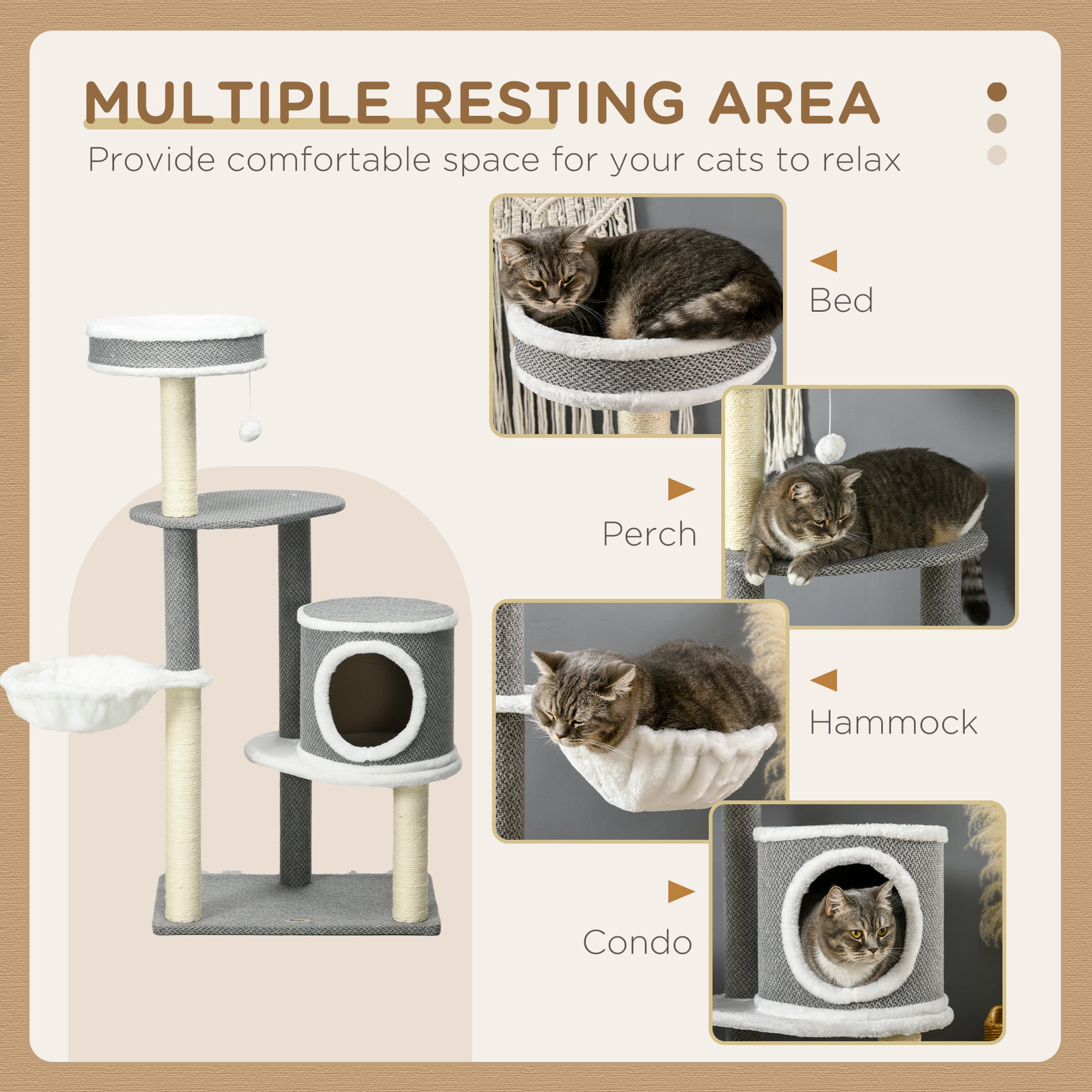 PawHut 124cm Cat Tree for Indoor Cats, Cat Tower with Scratching Post, Bed, Hammock, Cat House, Perch, Toy Ball, Multi-Level Cat Climbing Frame