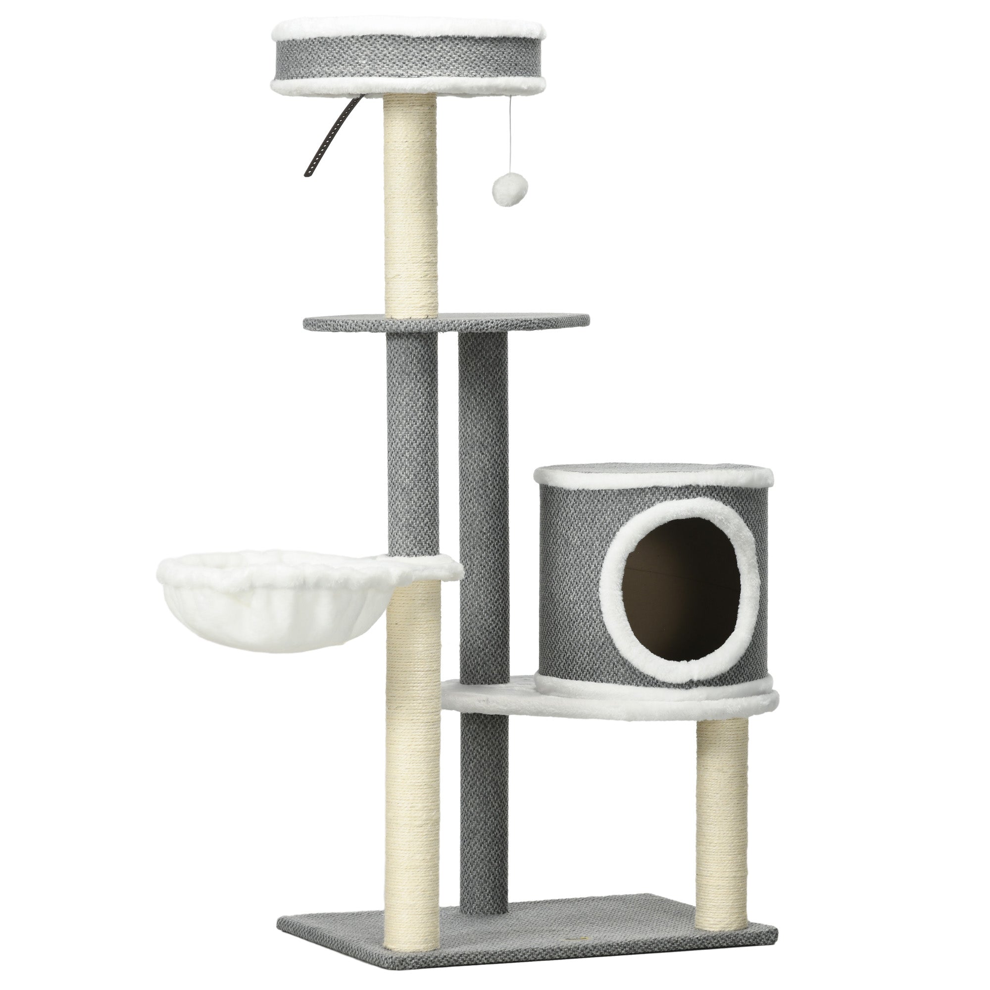 PawHut 124cm Cat Tree for Indoor Cats, Cat Tower with Scratching Post, Bed, Hammock, Cat House, Perch, Toy Ball, Multi-Level Cat Climbing Frame