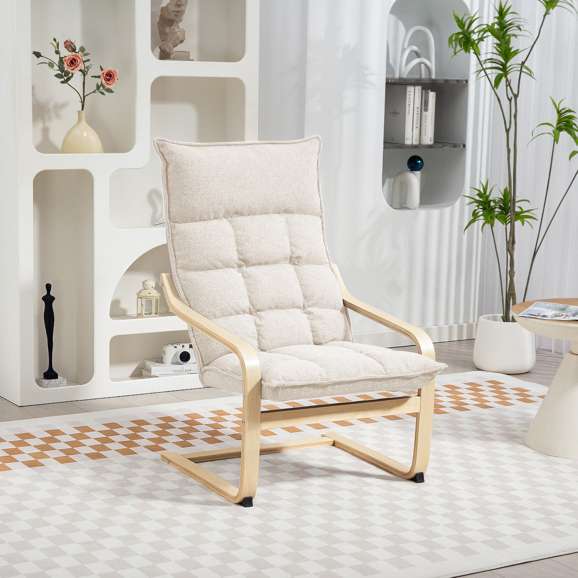 HOMCOM Modern Armchair, Upholstered Linen Accent Chair with Curved Leg and Arm, Leisure Lounge Chair for Living Room, Bedroom, Balcony, Office, Cream White